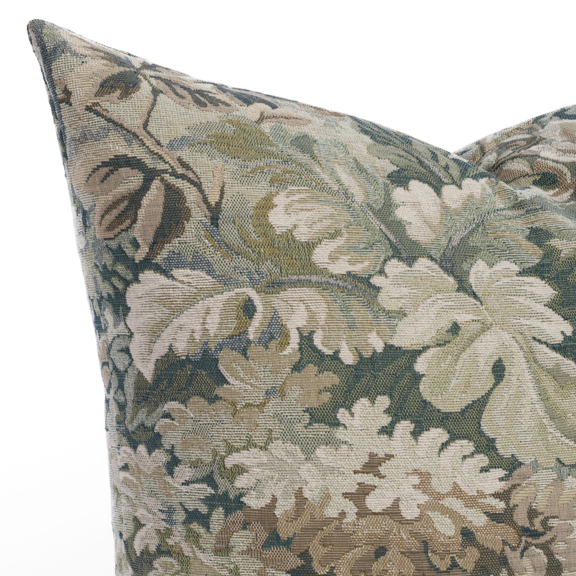 Close up of Manor Tapestry Sage accent pillow showing intricate woven botanical tapestry detail.