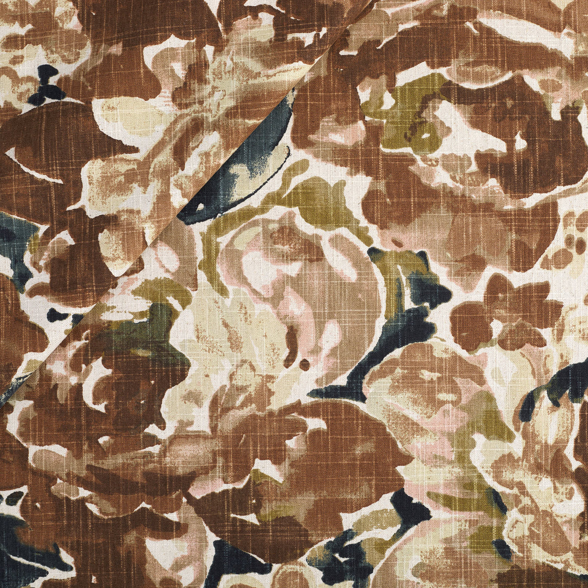 Tonic Living Marbella Fabric in Inkwell, a multi-use floral fabric with a bold painterly pattern in layered browns and blue.