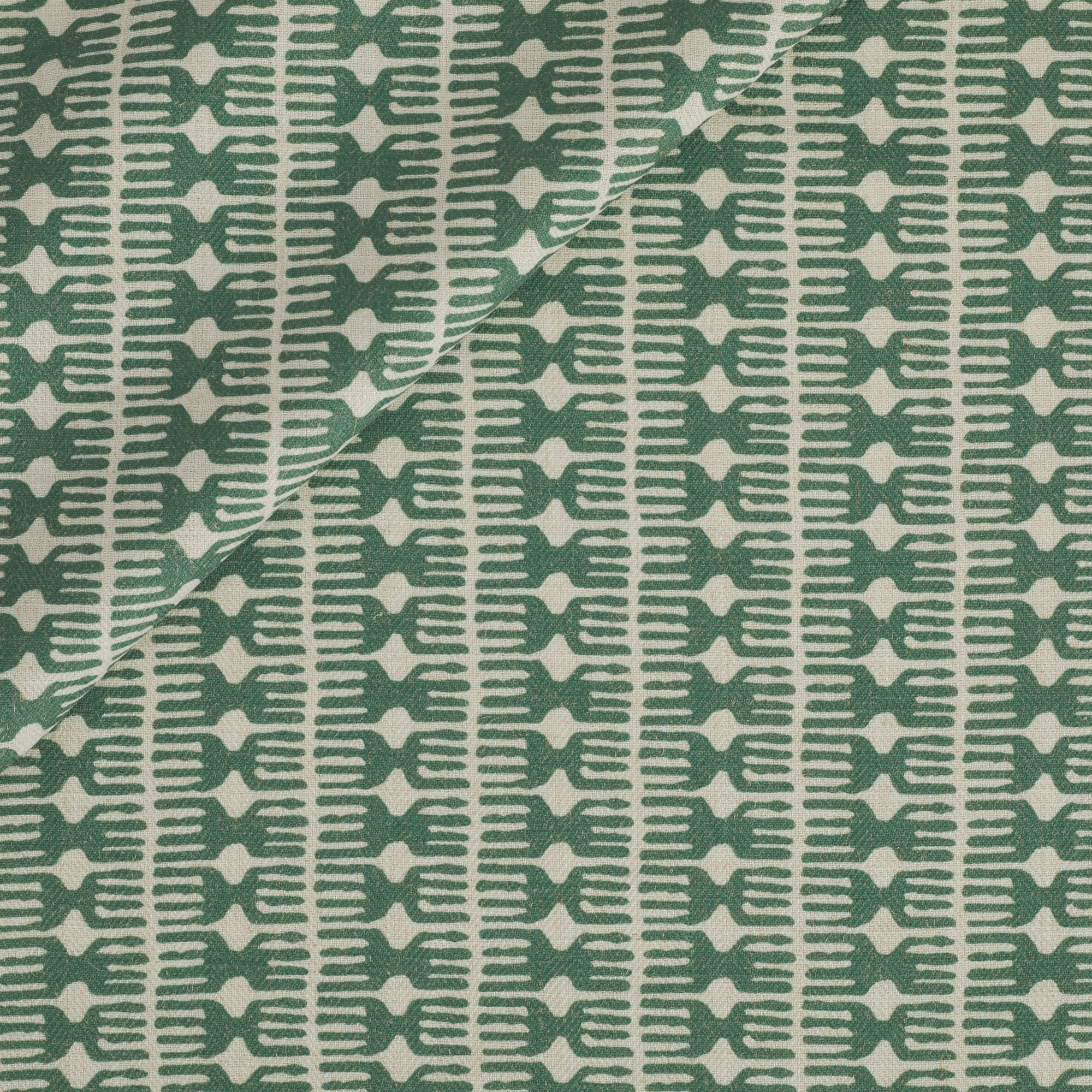 Tonic Living Meadow Fabric in Emerald featuring a spruce green and soft white organic block print.