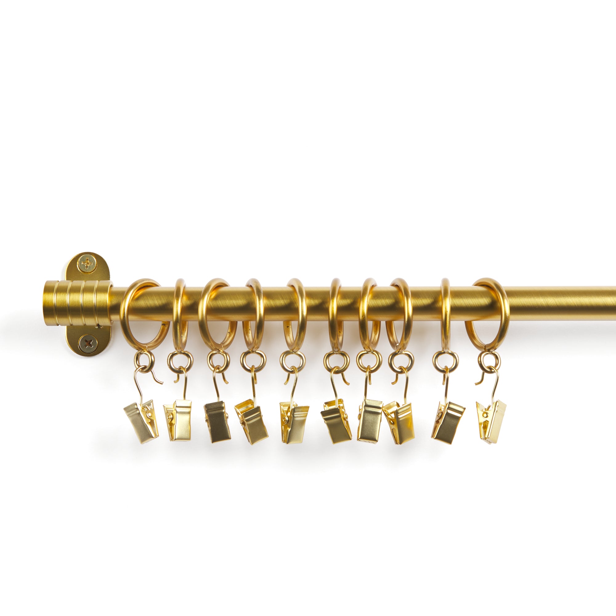 Tonic Living Gold café rod rings with clips installed on café curtain rod and outside mount brackets.