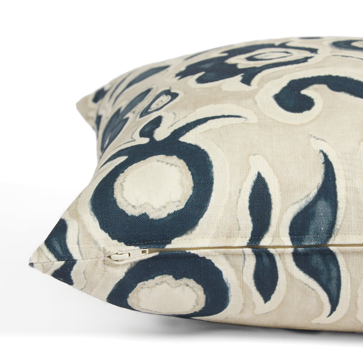 Side zipper detail of Tonic Living Paloma 20x20 decorative cushion featuring an inky blue and oatmeal floral pattern.