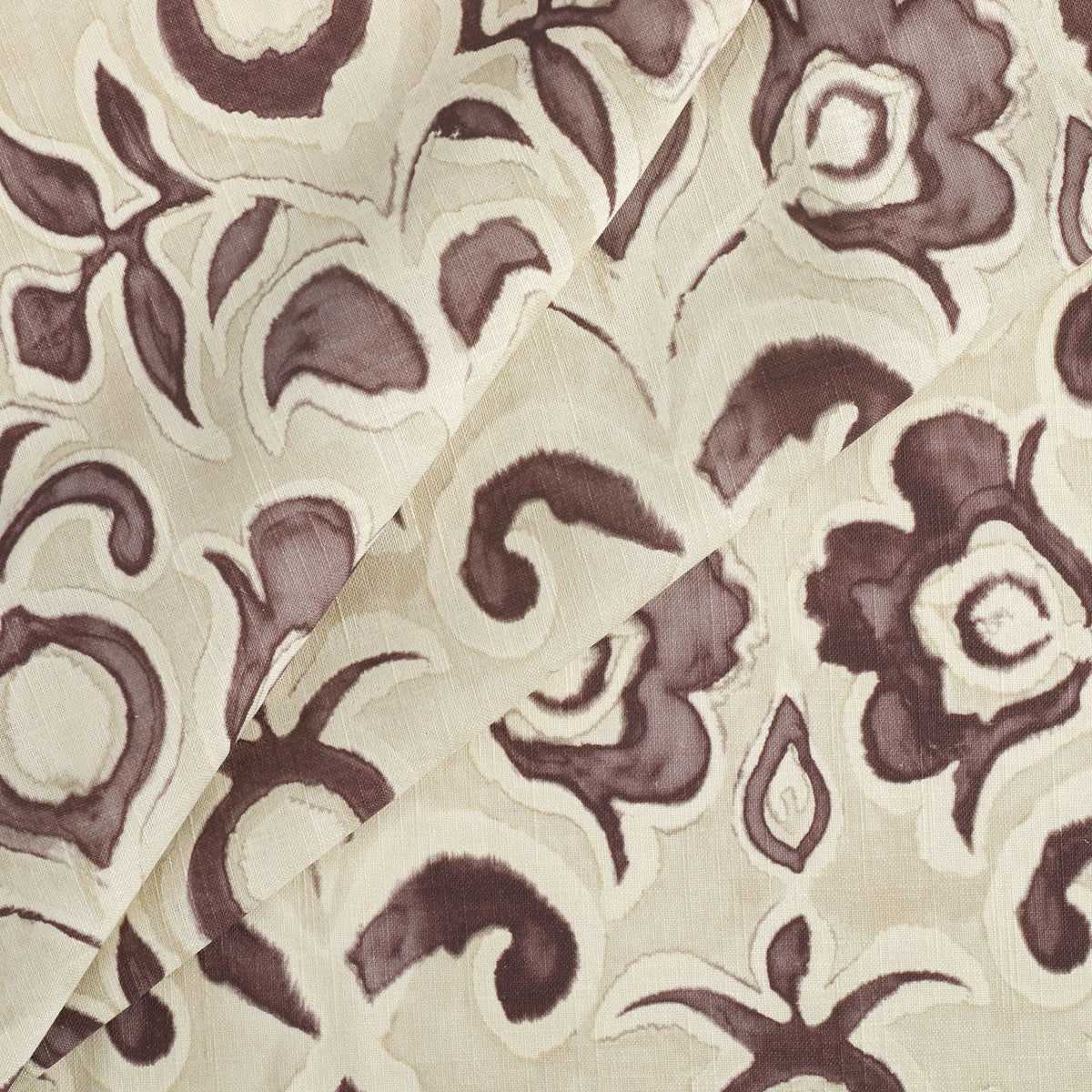 Tonic Living Paloma Mauve drapery fabric featuring bold muted purple blooms and scrolling leaves on a neutral oatmeal background.