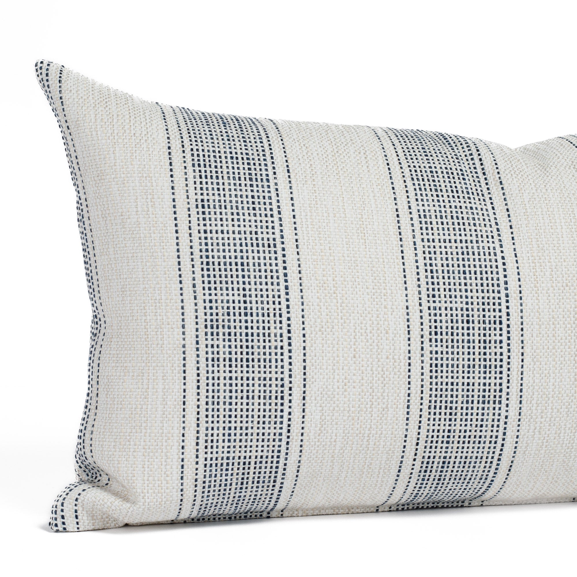 Revitalize Denim Lumbar Pillow, a classic navy & oatmeal striped lumbar pillow from Tonic Living: close up view.