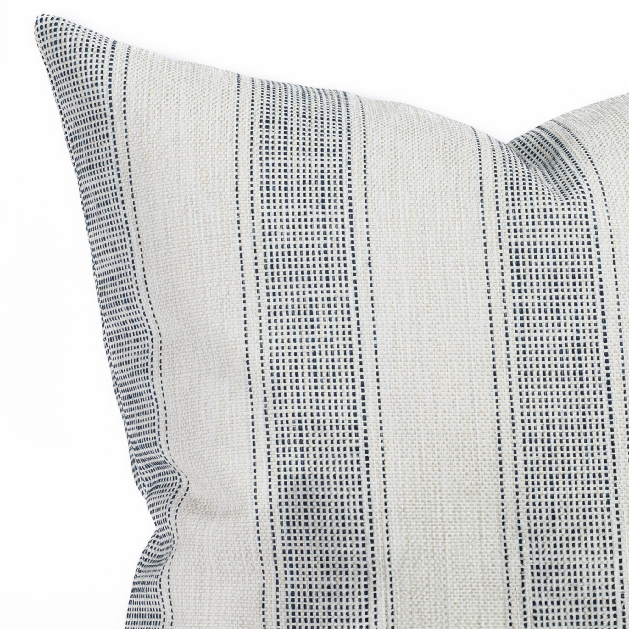 Revitalize Denim Pillow, a classic navy & oatmeal striped lumbar pillow from Tonic Living: close up view.