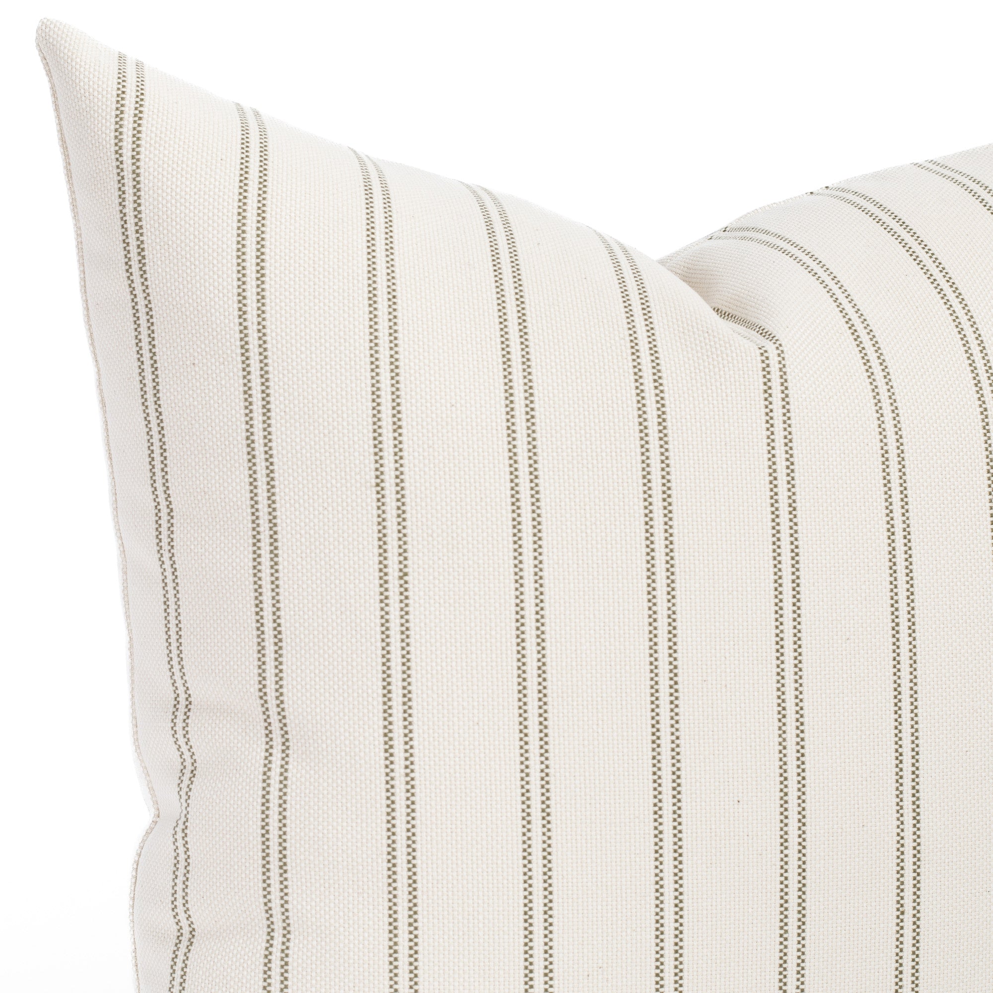 Close up of Tonic Living Rexton Stripe Moss accent pillow showing small-scale ticking stripes in olive green and beige.