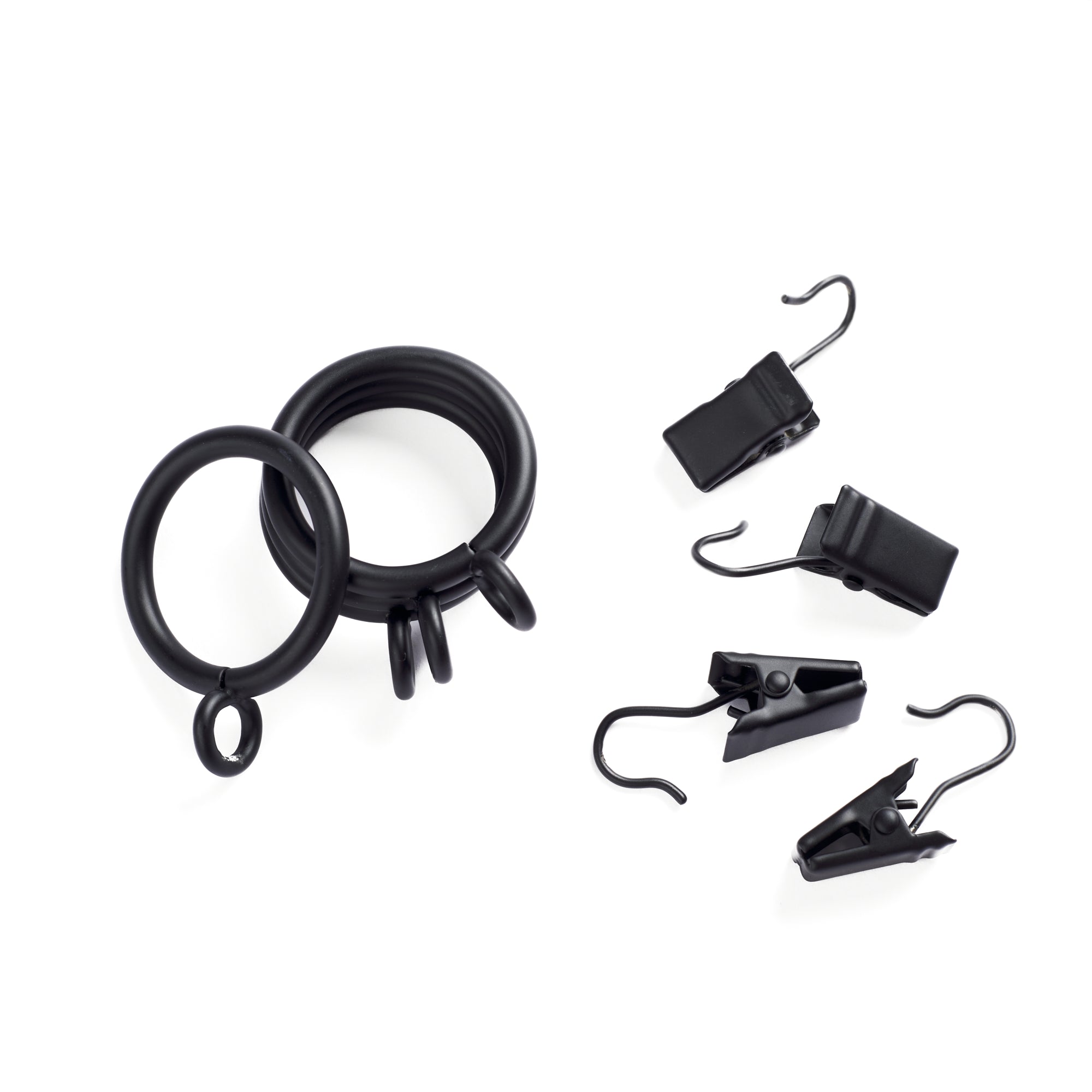Tonic Living Black café rod rings with removable curtain clips.