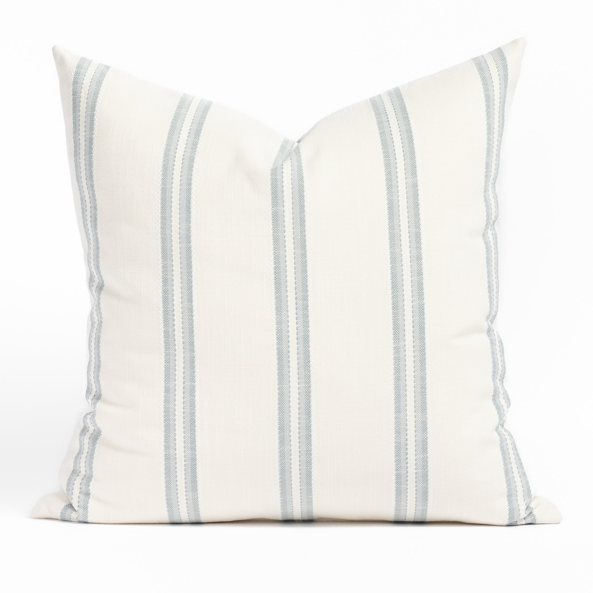 Riviera Stripe 22x22 Pillow Mist, a white and chambray blue striped outdoor throw pillow from Tonic Living