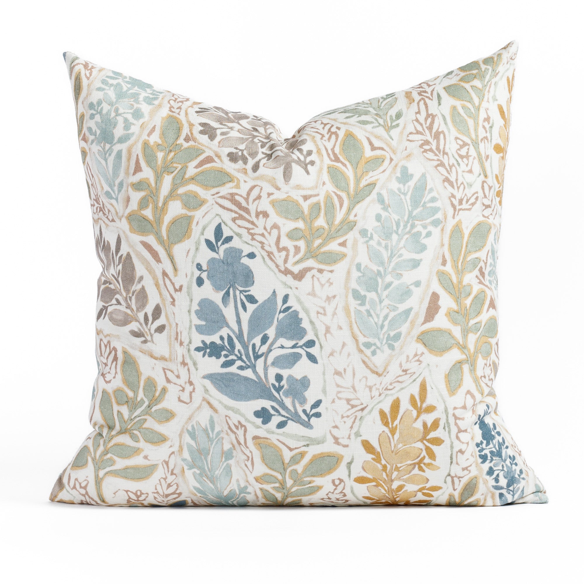 a multicoloured floral garden print throw pillow : back view 