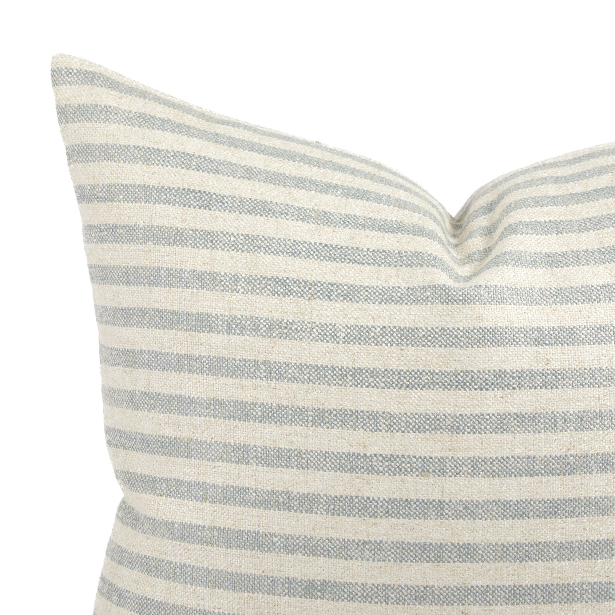 Close up of Tonic Living Somerset Stripe cushion showing sky blue and beige vertical stripe detail.