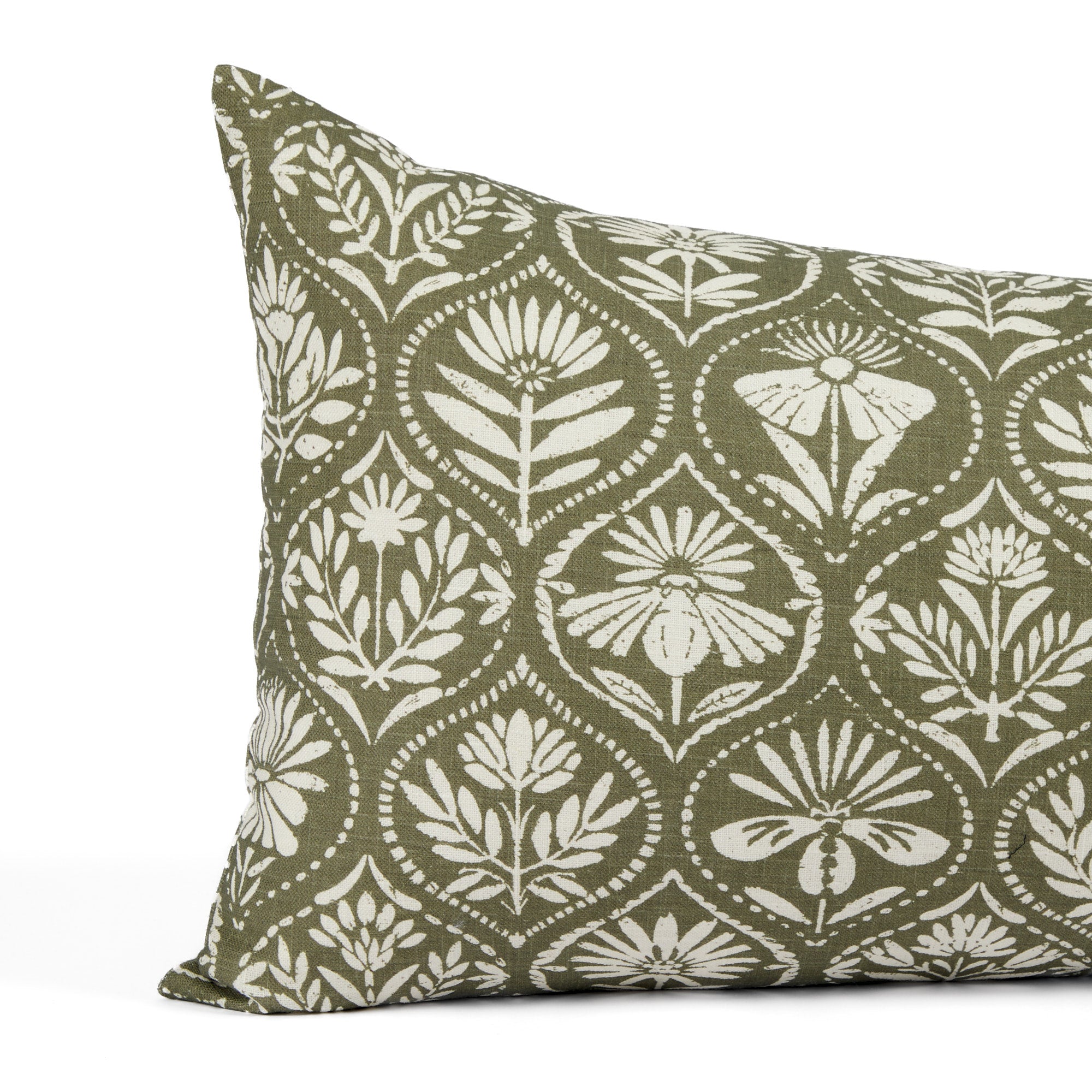 Close up of Tonic Living Stella Evergreen extra large lumbar pillow showing dark green and beige floral medallion detail.