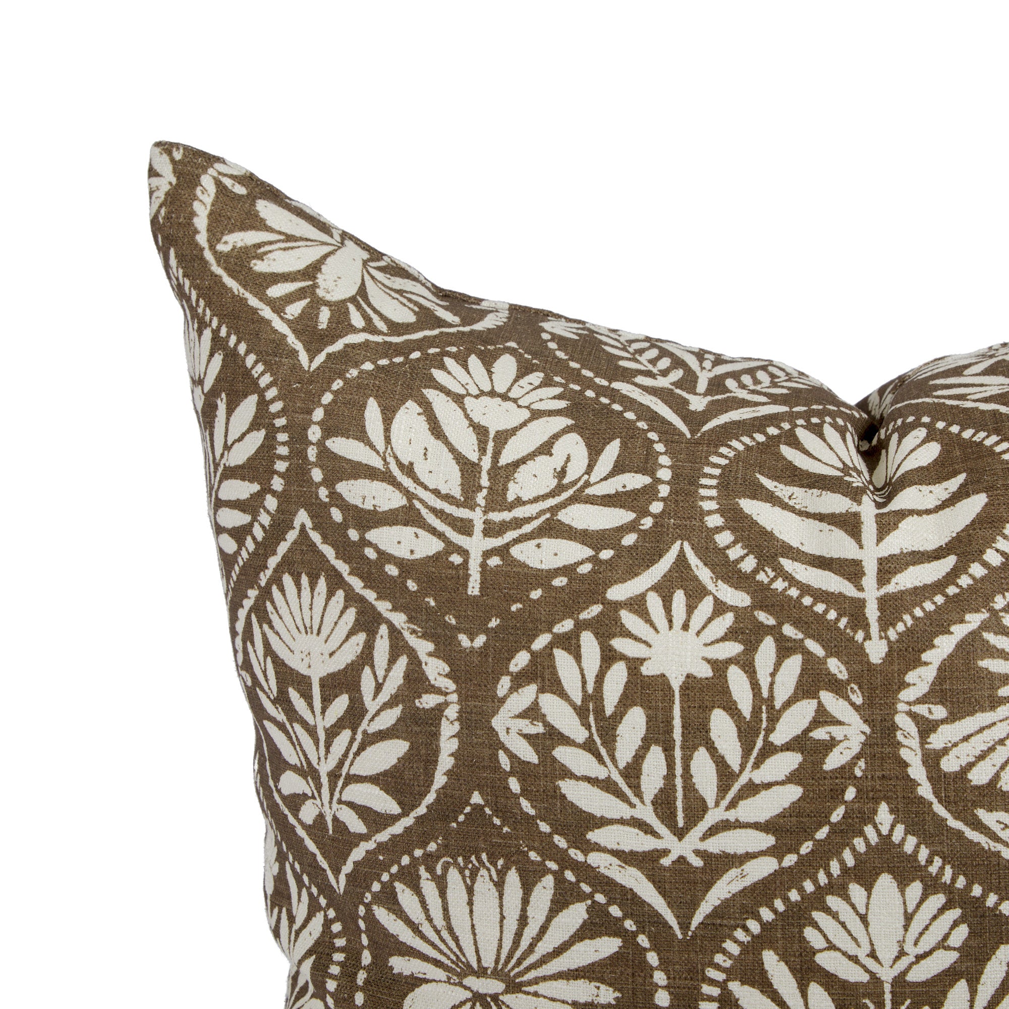 Close up of Tonic Living Stella Mocha cushion showing mocha brown, beige, and natural floral medallion detail.