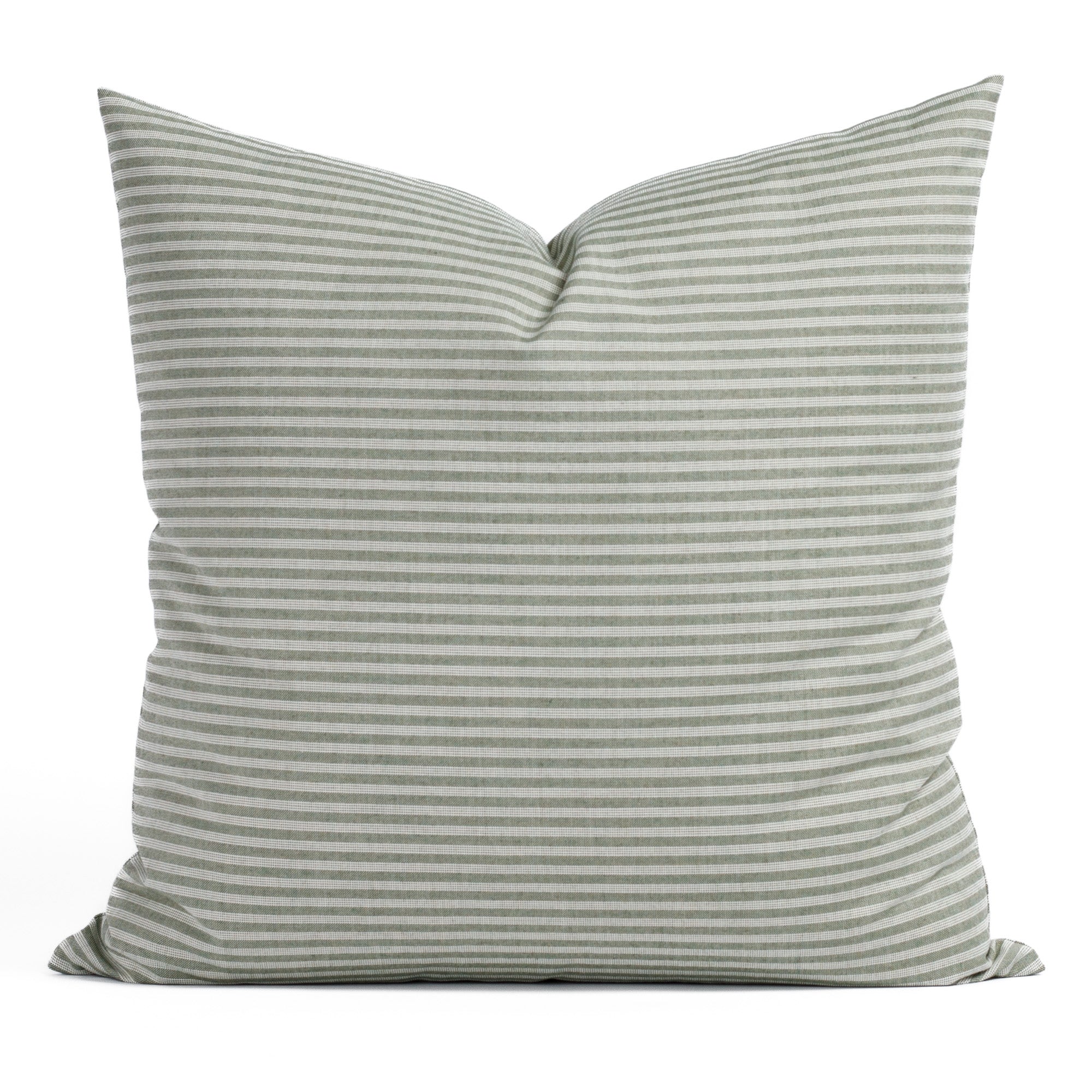 Tap Moss 22x22 Indoor/Outdoor Pillow, a soft green and white pillow from Tonic Living, featuring a classic ticking stripe.