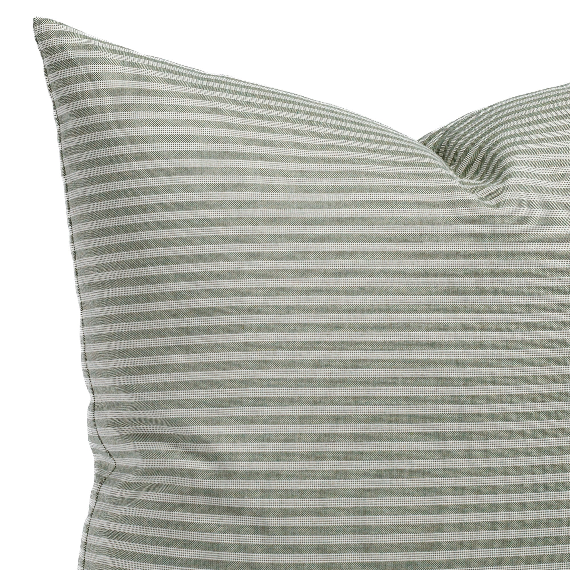 Tap Moss 22x22 Indoor/Outdoor Pillow, a sage green and soft white striped pillow from Tonic Living: close-up view.
