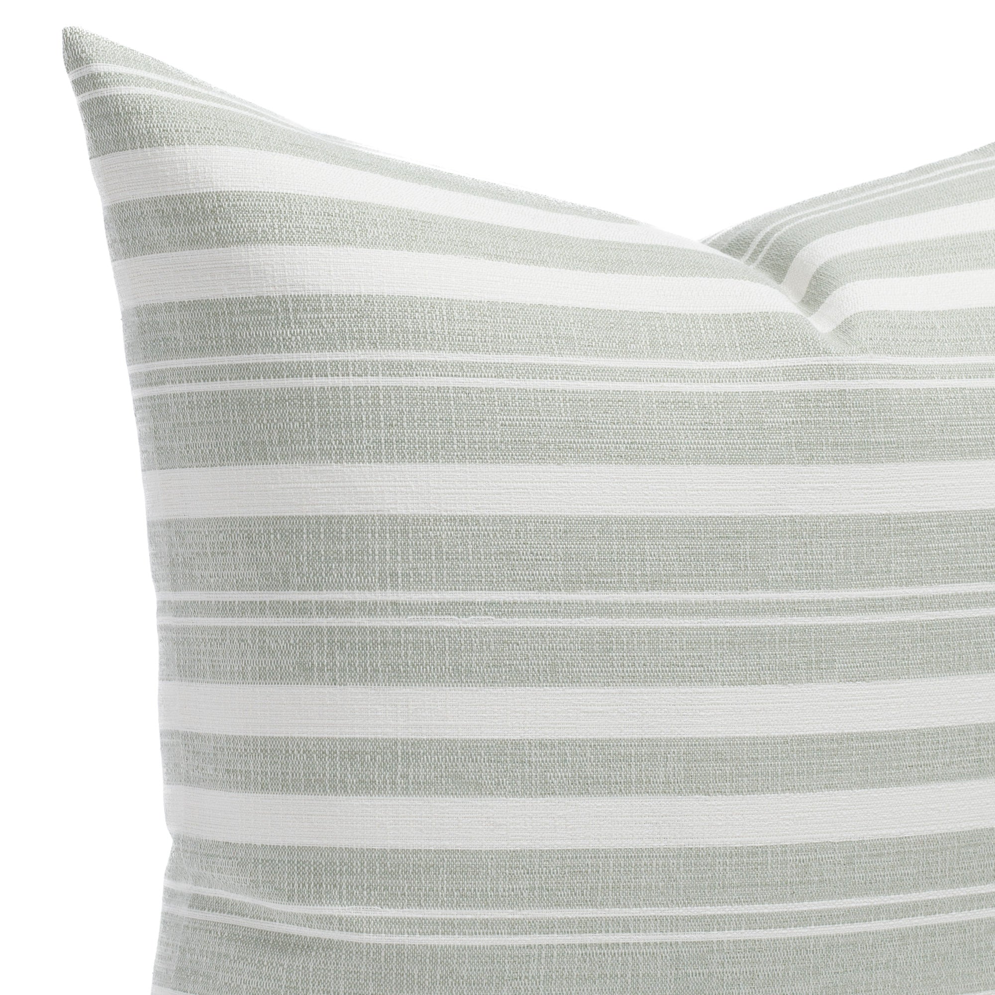 Tranquil Sage 20X20 pillow, a dusty sage and white striped indoor/outdoor pillow from Tonic Living: close-up view.