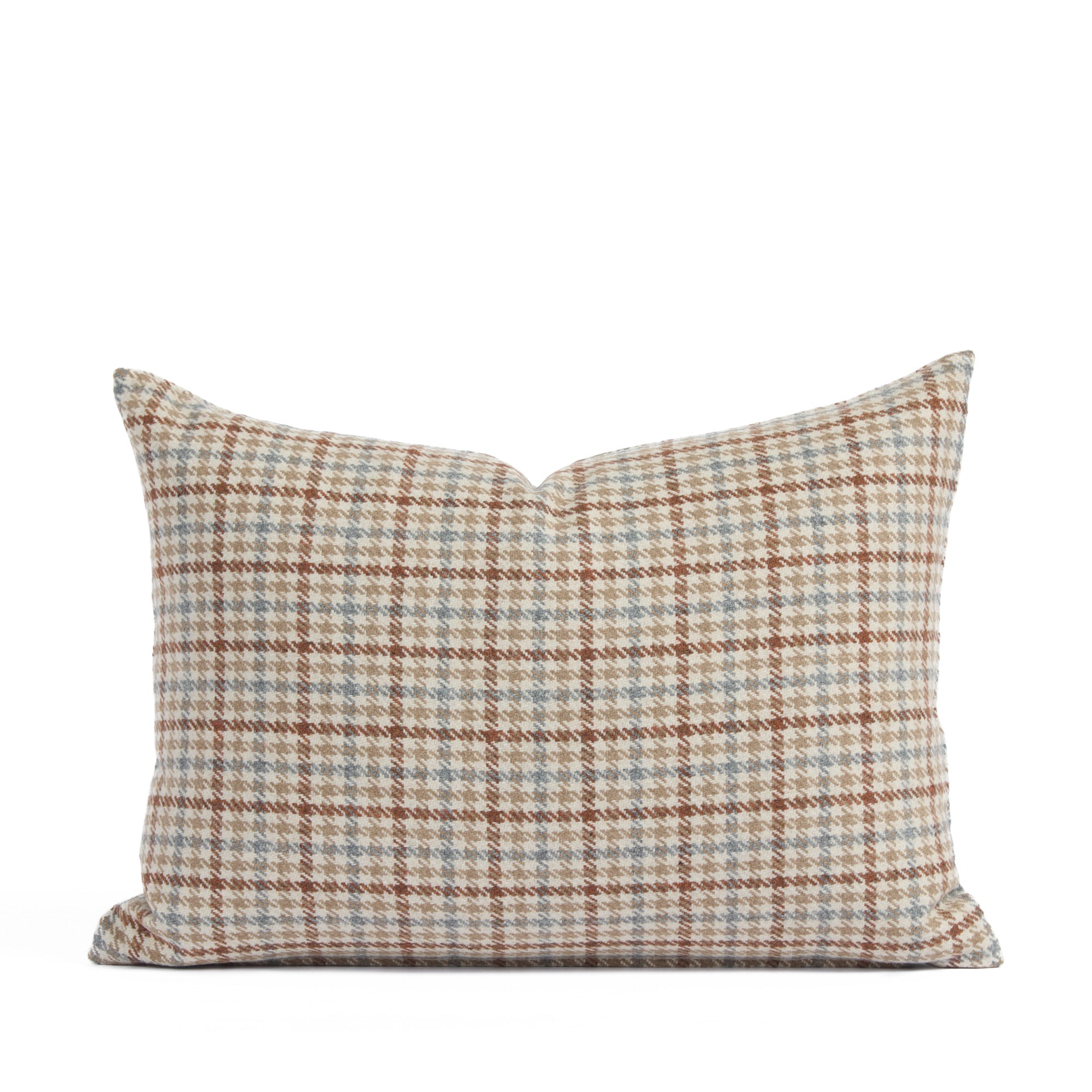 Vesper Plaid 14x20 houndstooth lumbar pillow in beige, blue, and rust by Tonic Living.