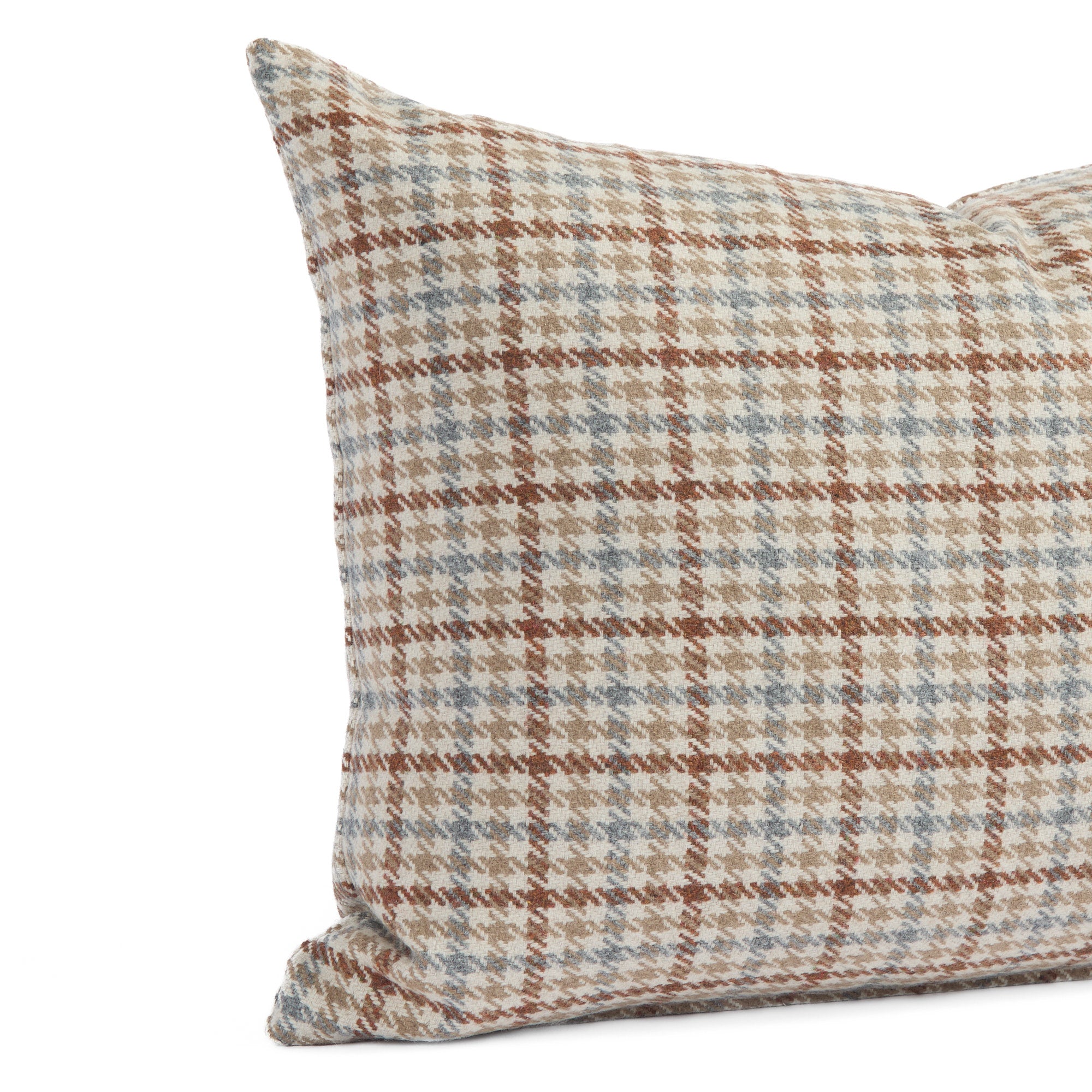Close up of Vesper Plaid 14x20 houndstooth check lumbar cushion in beige, chambray blue, and cinnamon.