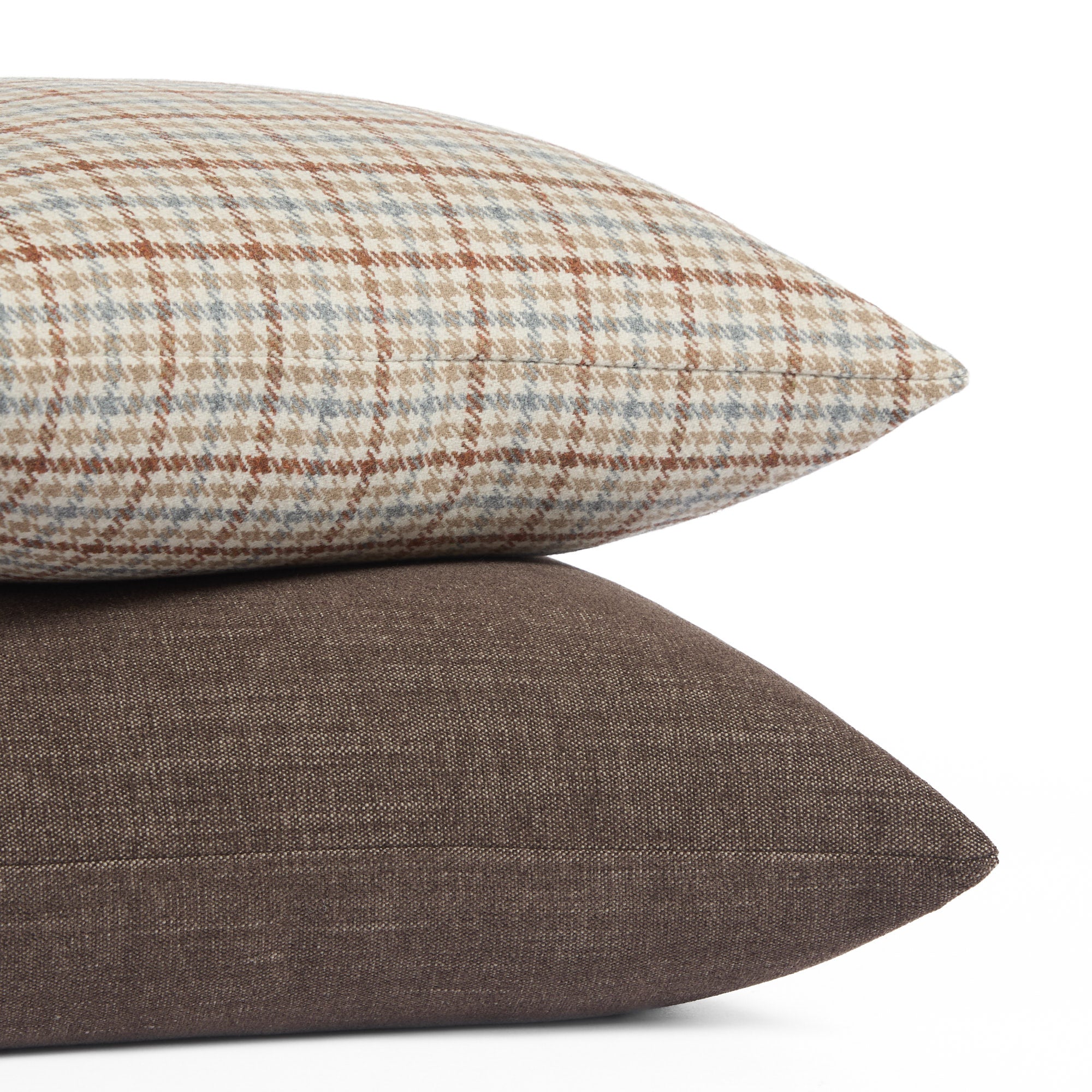 Stack of two pillows: Vesper Plaid 20x20 houndstooth pillow with Bedford Coffee Brown cushion.