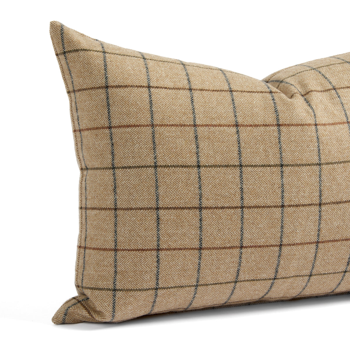Close up of Tonic Living Walker Plaid Camel lumbar pillow showing brown and navy windowpane lines with a fine herringbone weave.