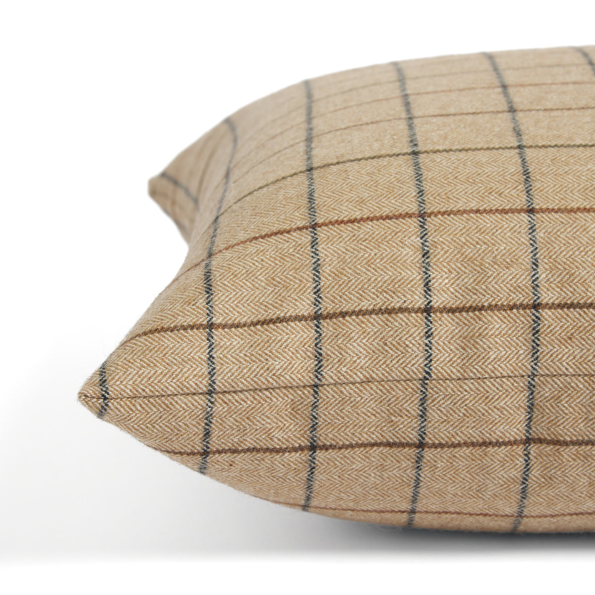 Side view of Tonic Living Walker Plaid Camel toss cushion highlighting its classic light brown windowpane check pattern.