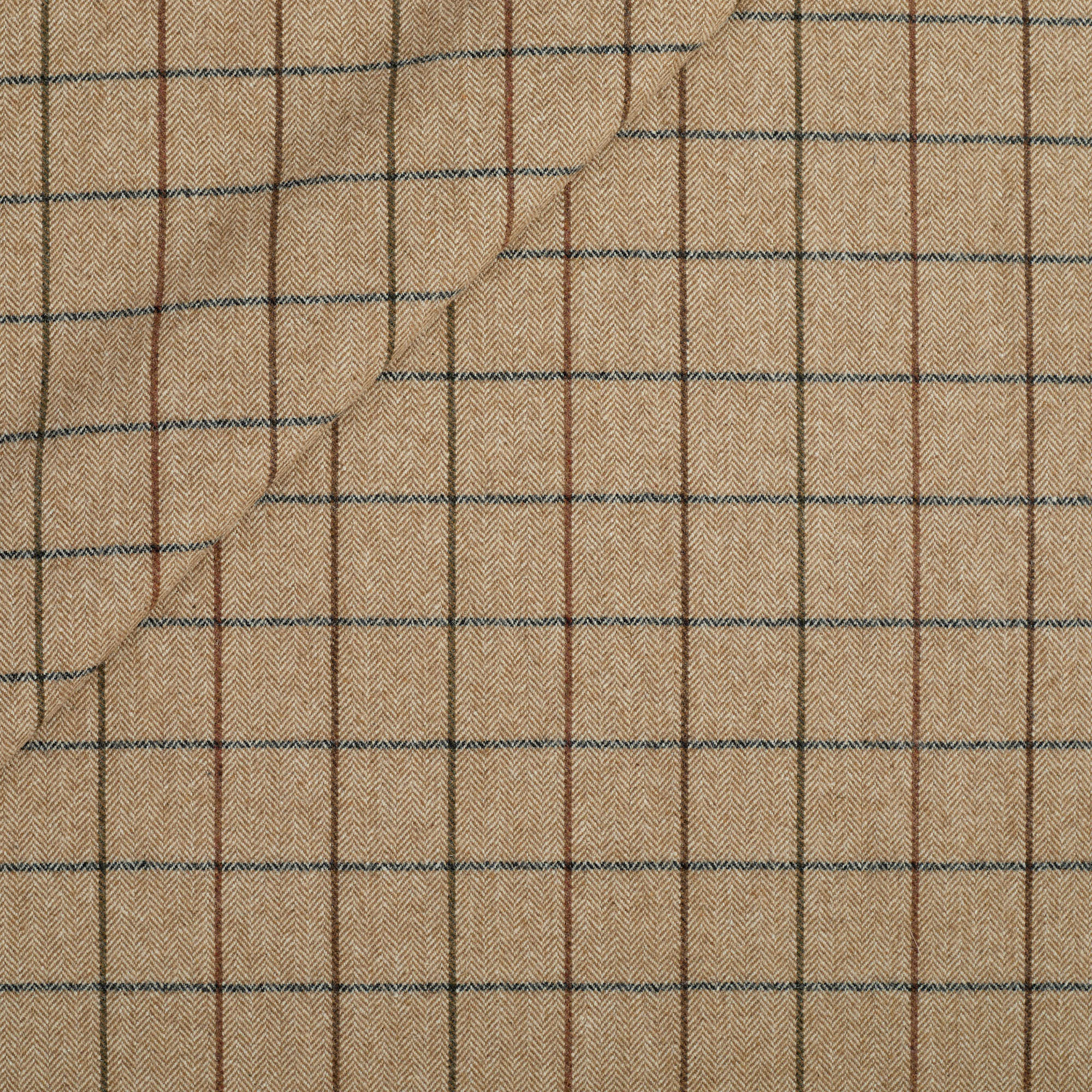 Tonic Living Walker Plaid Fabric in Camel, a camel and brown windowpane check multi-use fabric with a fine herringbone weave.