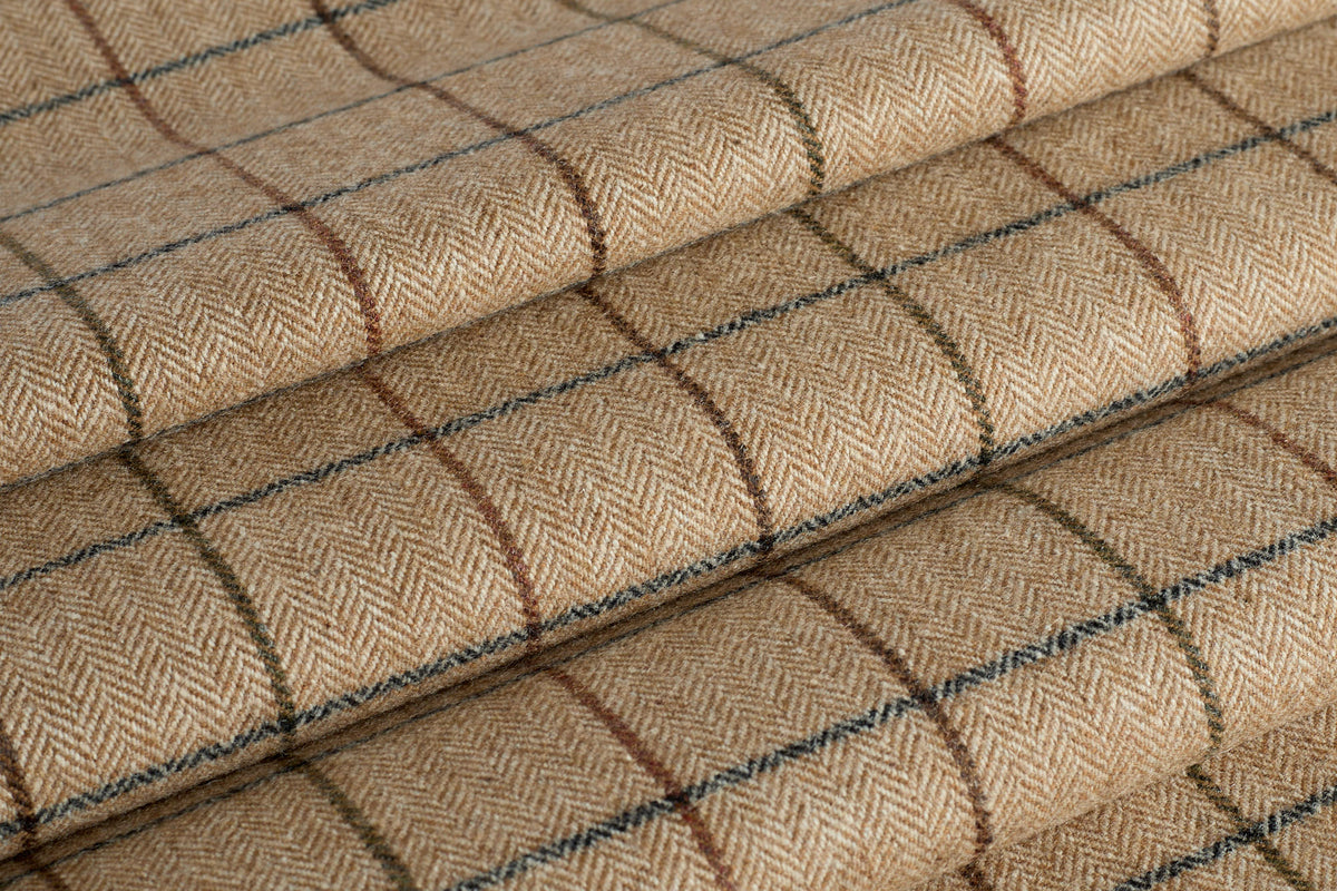 Tonic Living Walker Plaid Camel fabric shown as Roman shades with a classic menswear-inspired windowpane check.