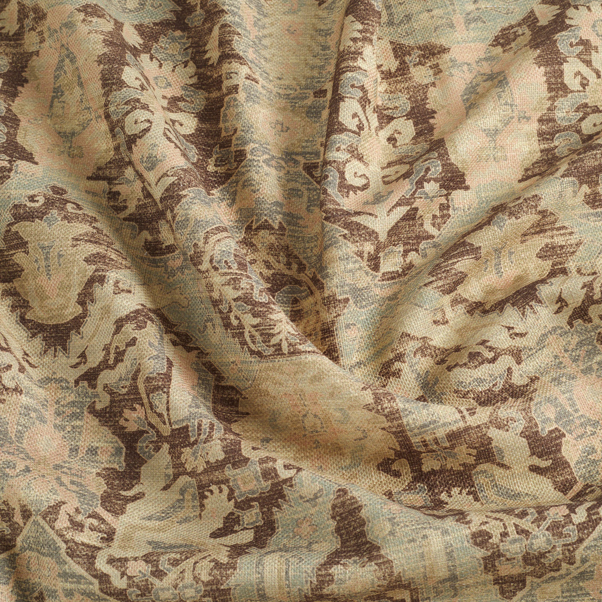 Tonic Living Zuri Fabric in Driftwood, a vintage-inspired curtain and upholstery fabric with distressed ornamental pattern.