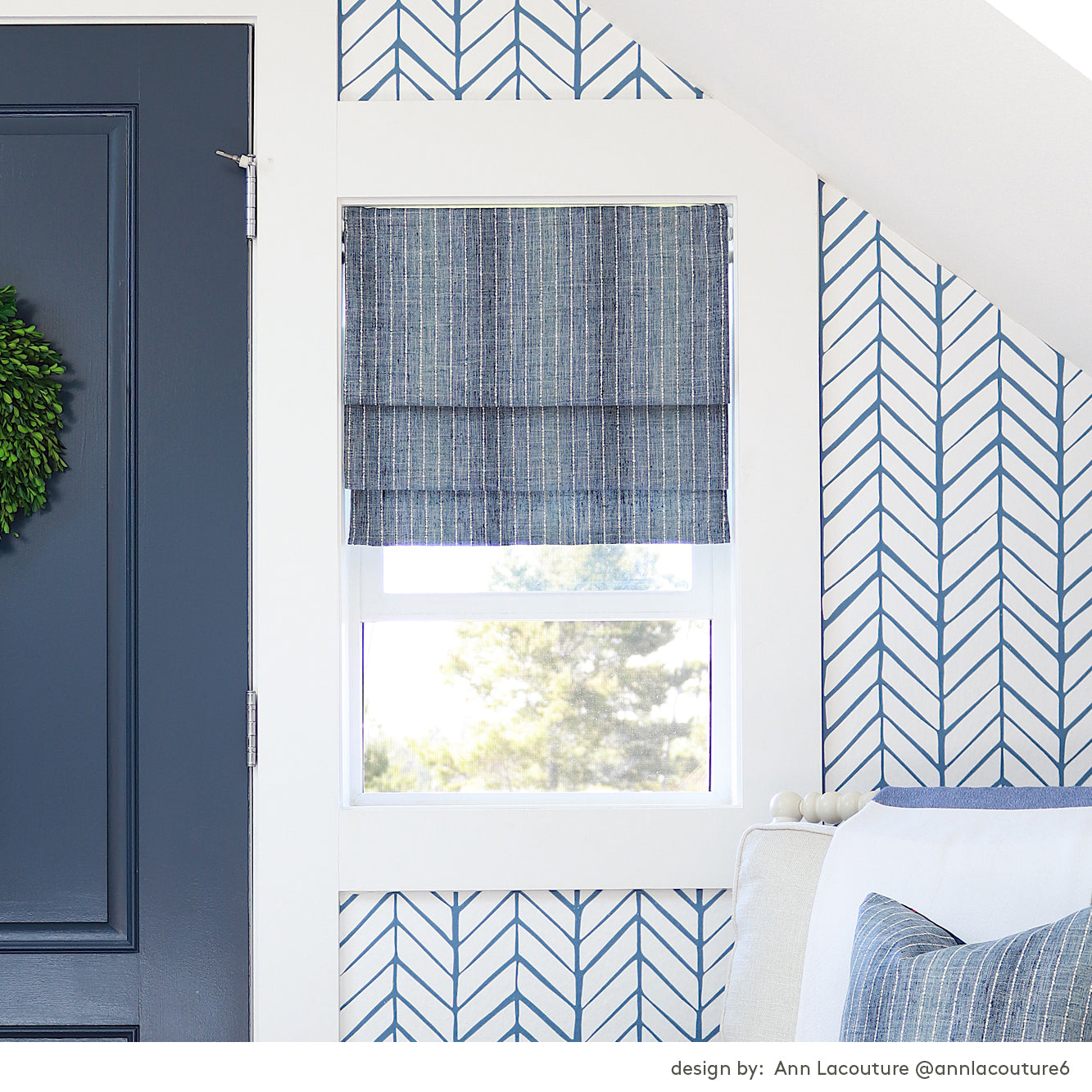 blue and white roman blind window treatmentin bedroom