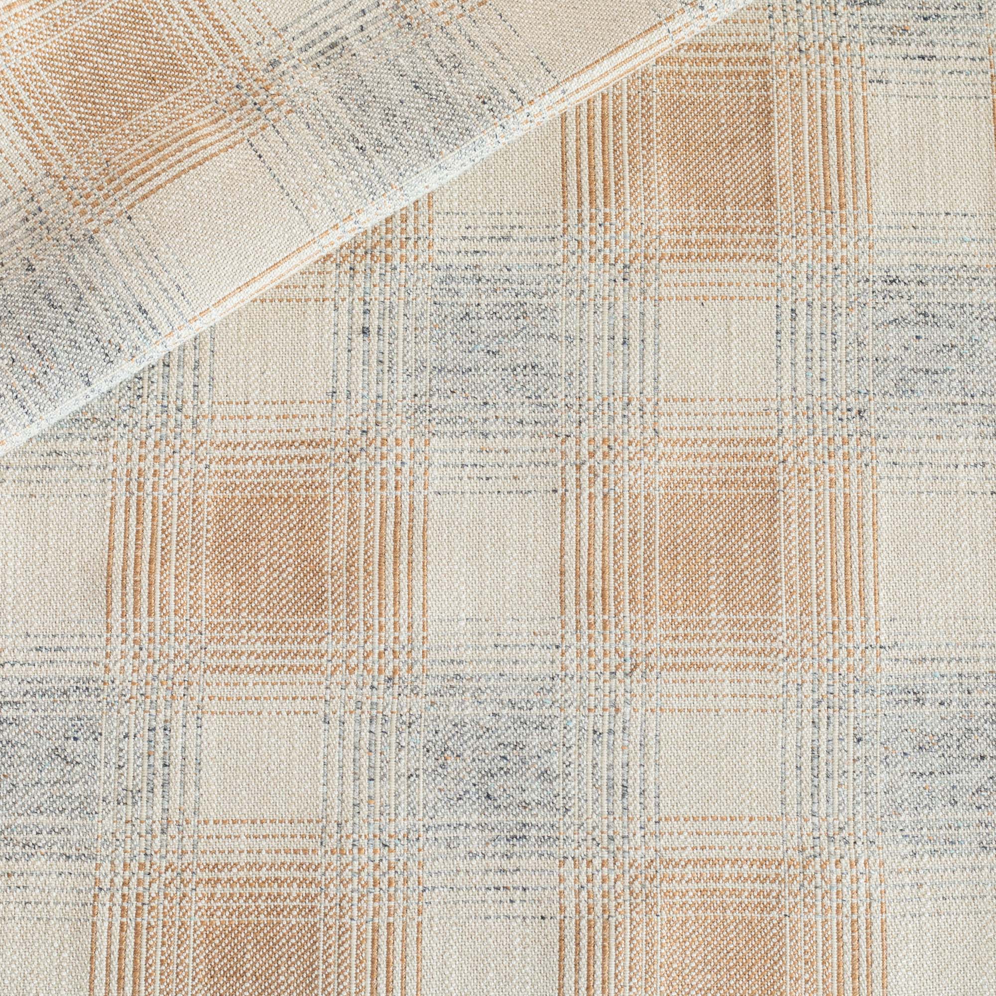 an oatmeal cream, terracotta orange and denim blue plaid upholstery fabric