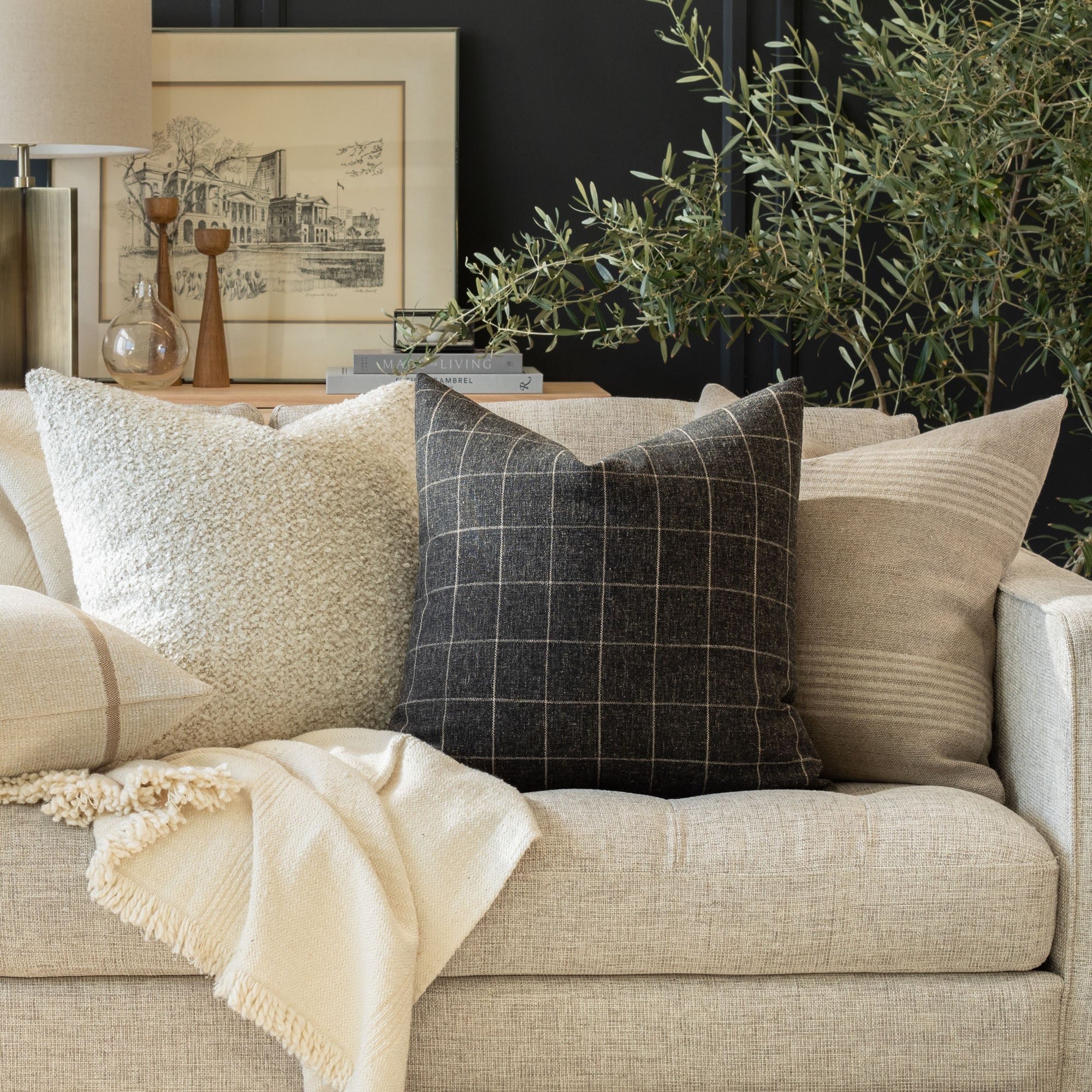 Dark grey and cream textured decorative cushions from Tonic Living.