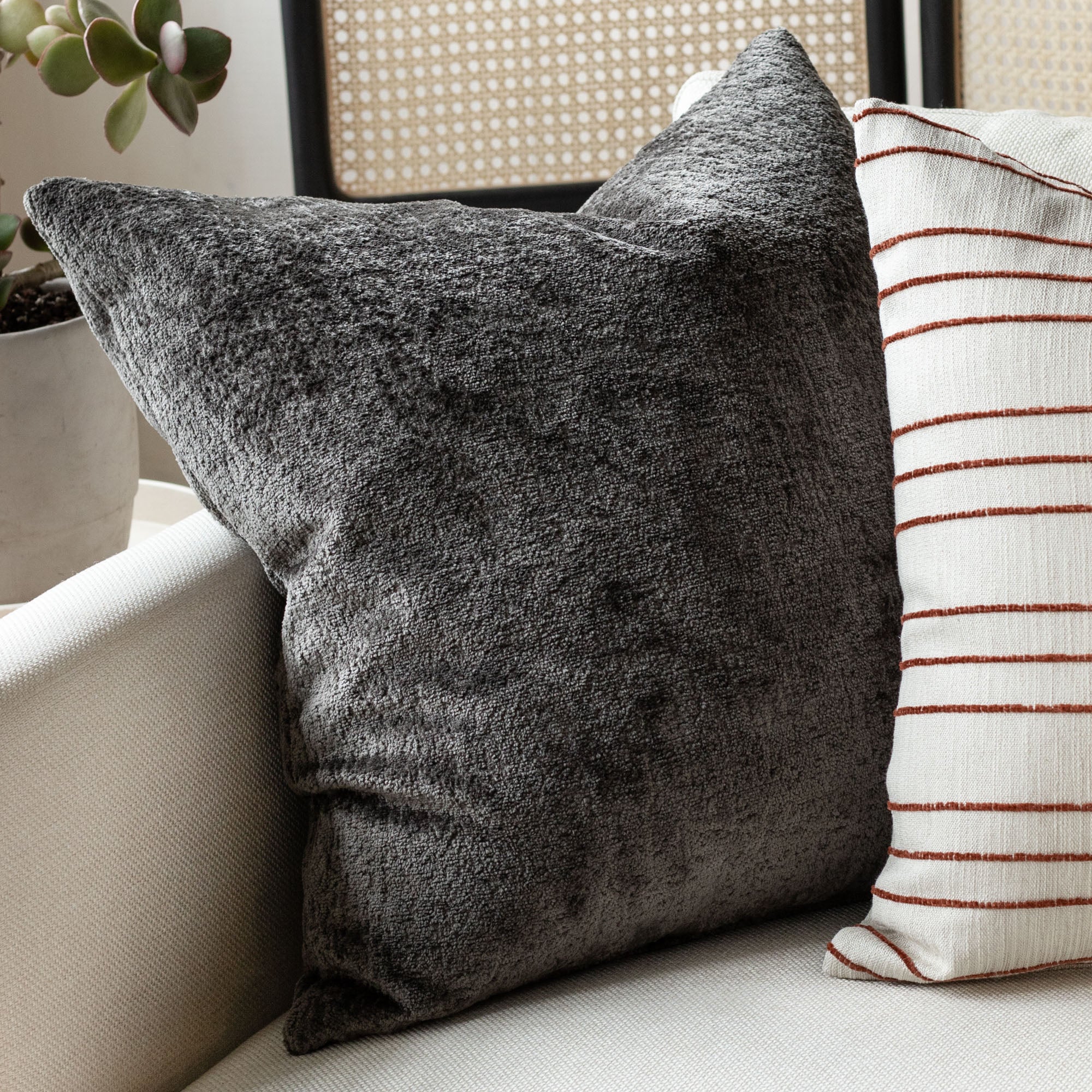 Ginsberg pewter grey velvet pillows : close up
