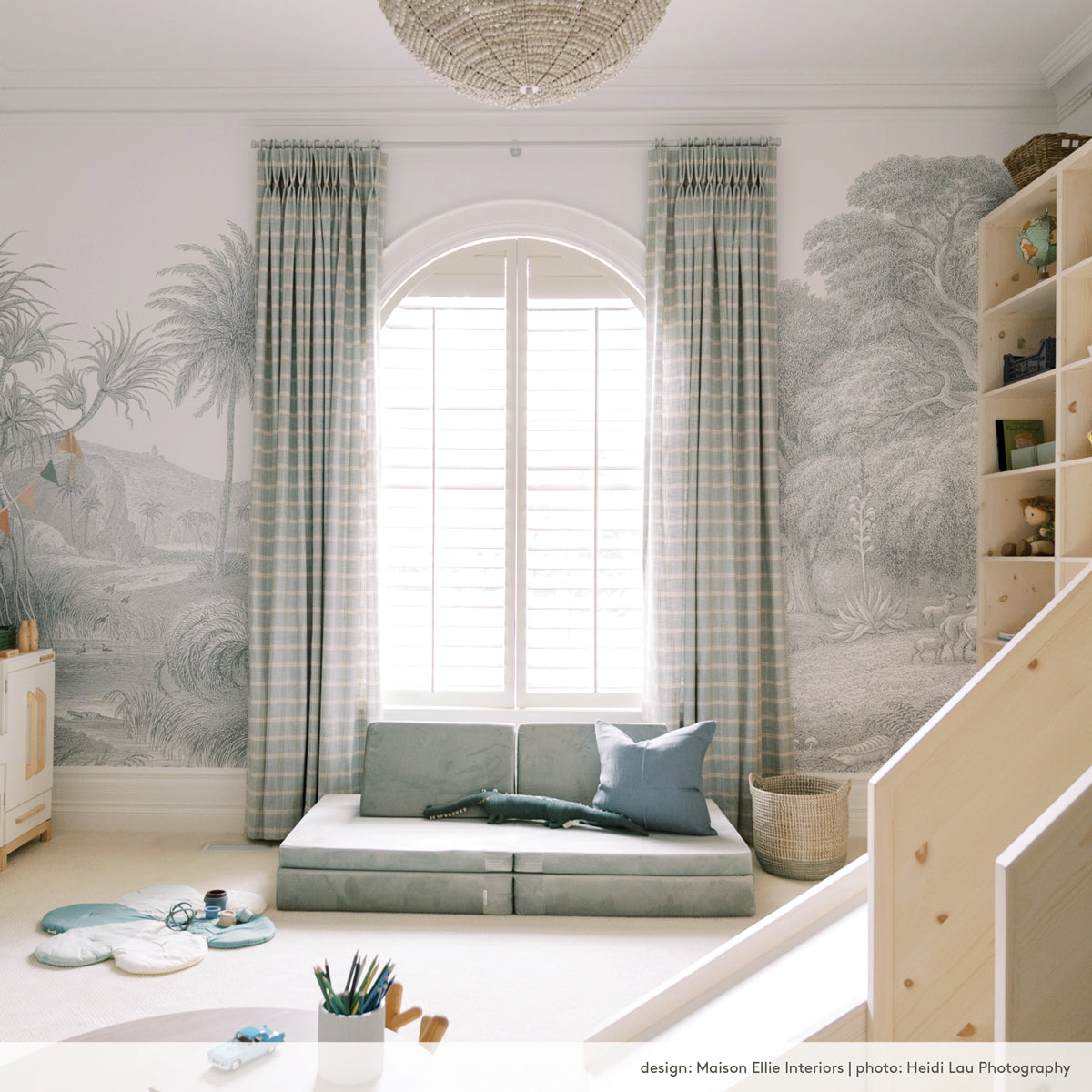 Kid's room or nursery with light blue plaid drapery fabric by tonic living