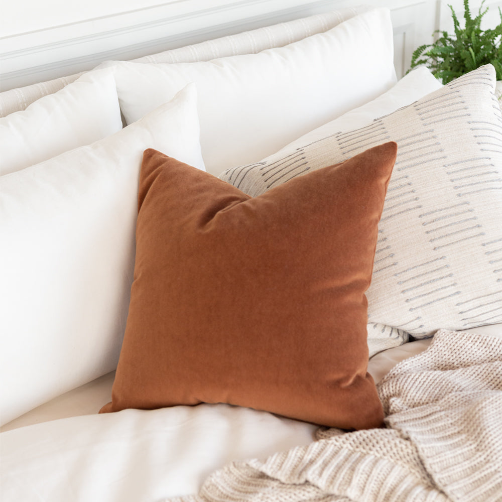 Mason Velvet Cognac pillow and Harlow Desert Sand pillow combination