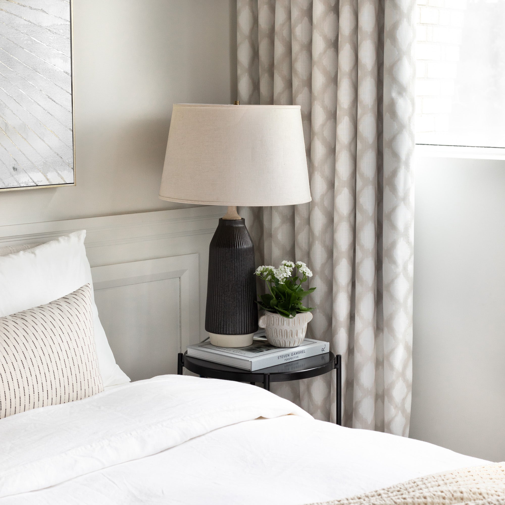 Melrose Sand fabric drapes in a neutral coloured bedroom vignette