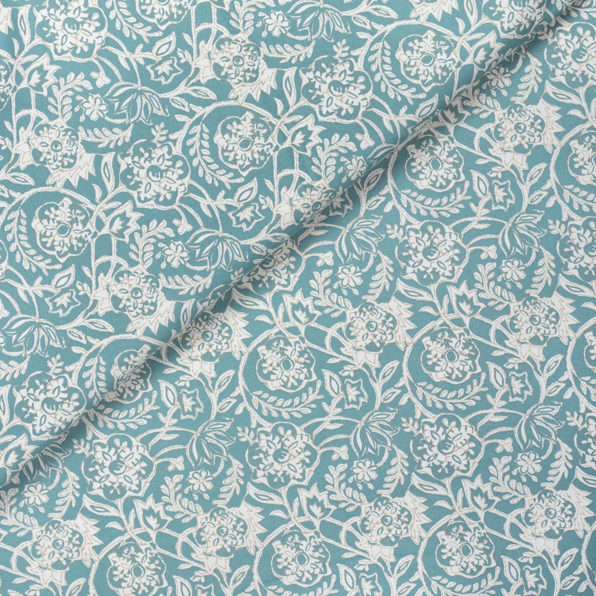 Padma Aqua, an aqua blue and cream tapestry block print pattern cotton fabric from Tonic Living