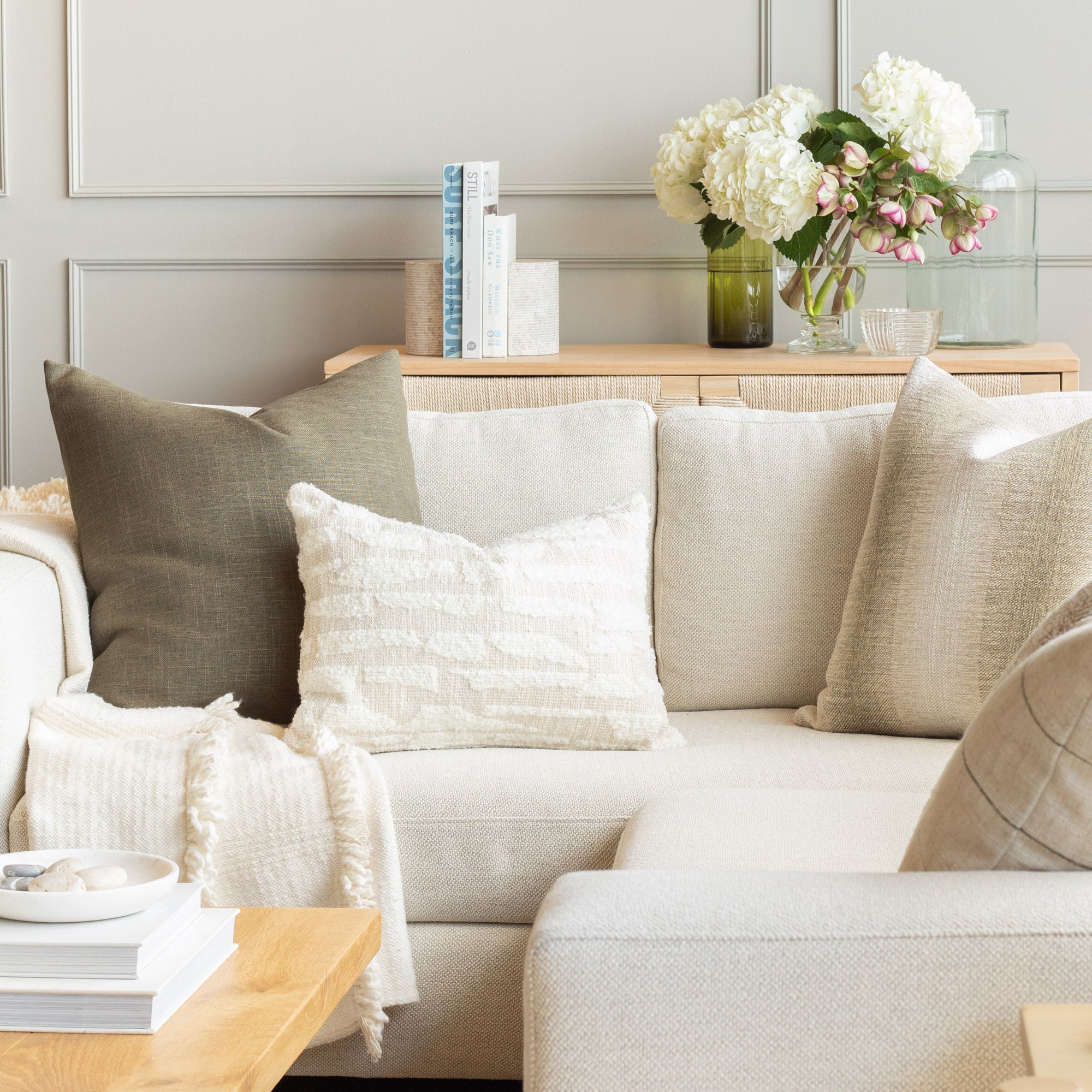 earthy moss green and cream Tonic Living throw pillows