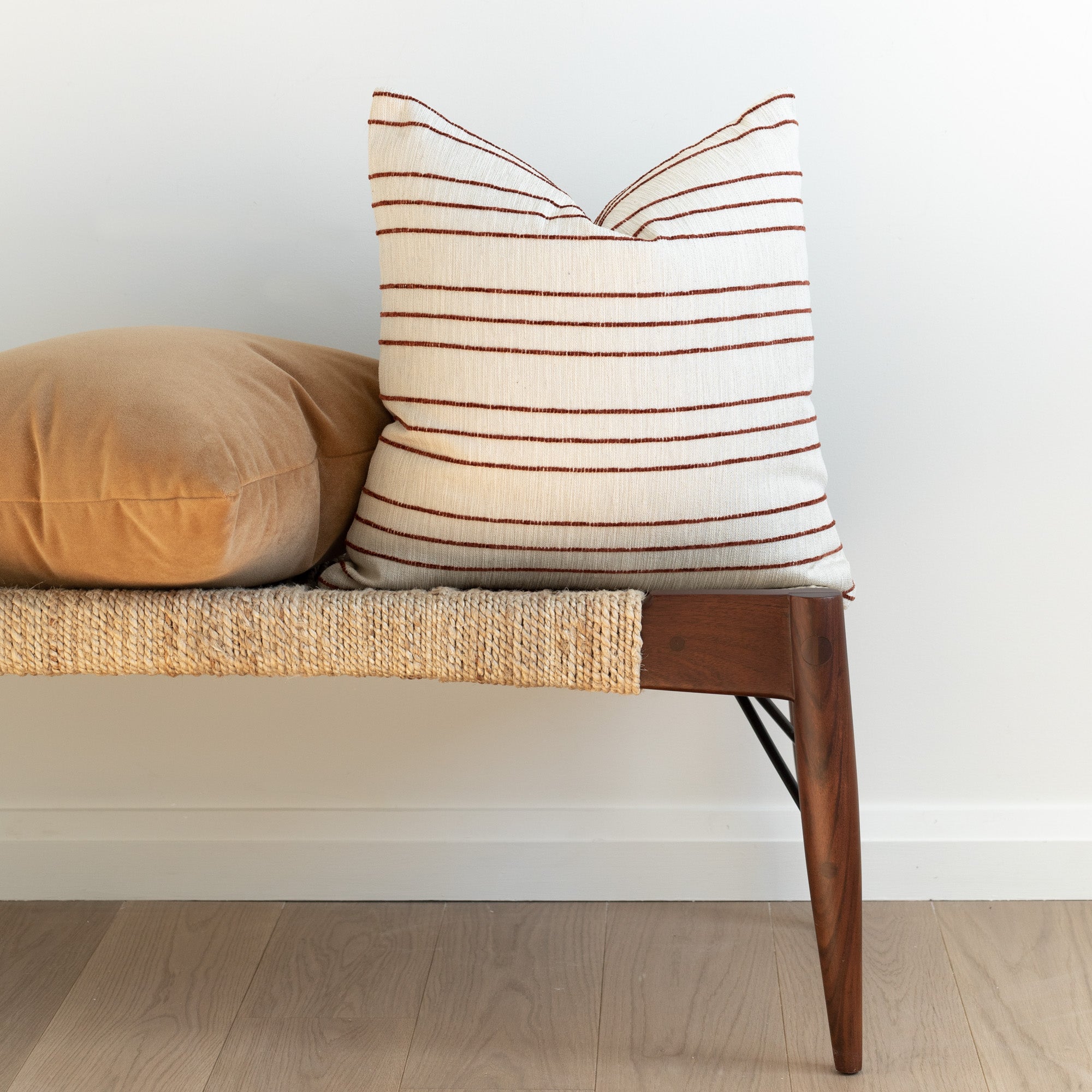 Spar Stripe Russet and Valentina Velvet Nutmeg pillow combination