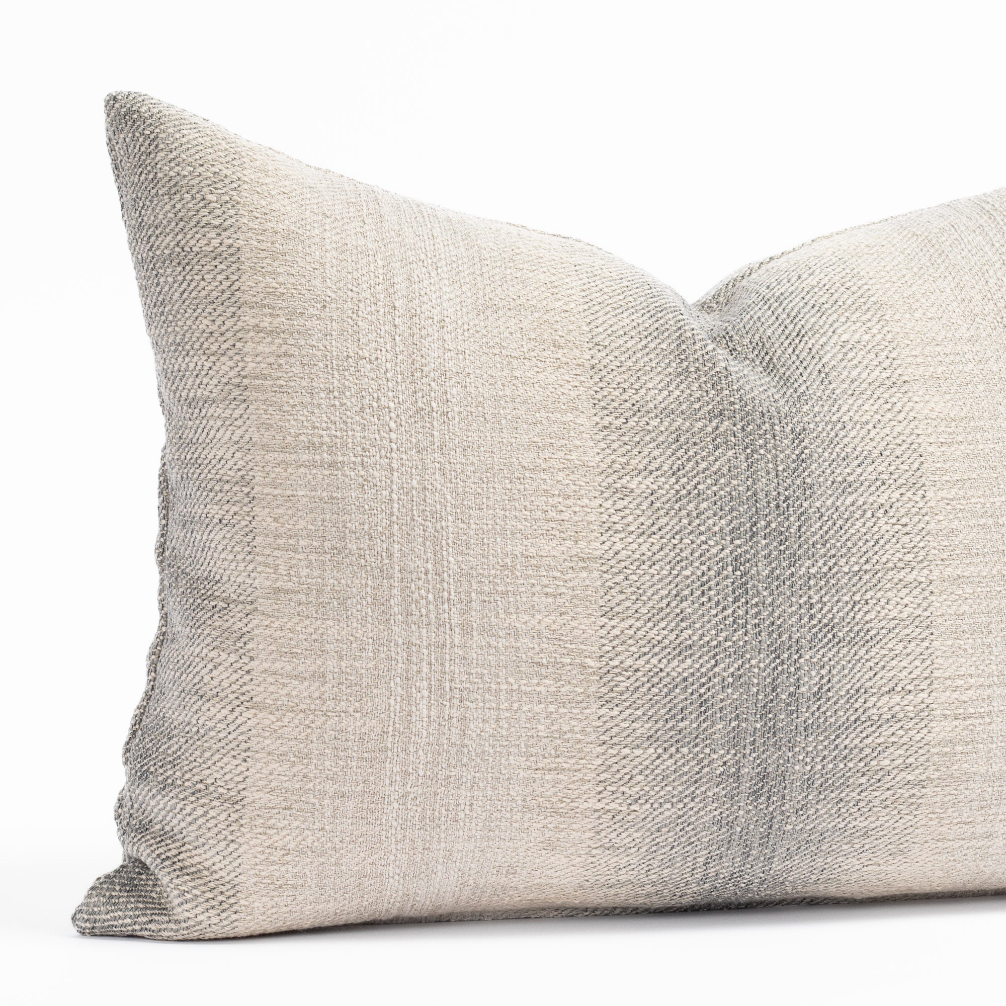 a smokey blue and sandy grey ombré stripe throw pillow : close up view