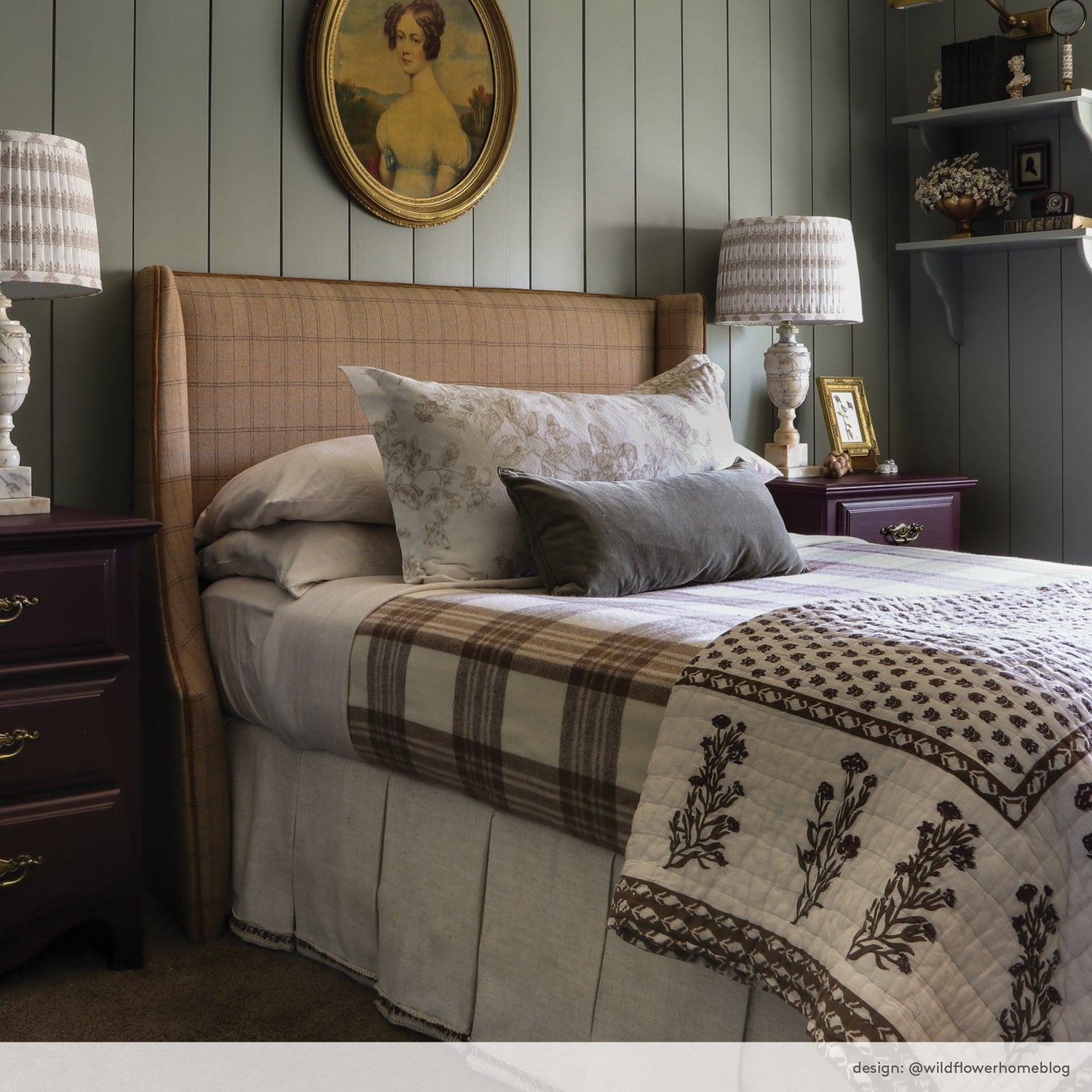 camel plaid upholstered headboard in bedroom