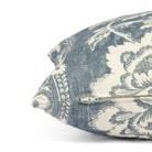 Side zipper detail of Tonic Living Ashford 16x42 bolster pillow in chambray blue floral print.