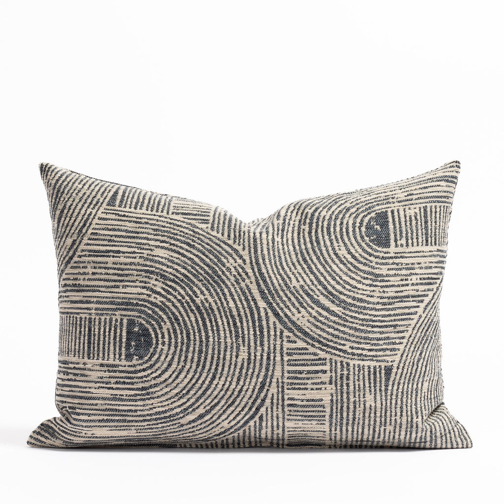 Bayside Indigo, a looped arch geometric indigo blue and grey patterned lumbar pillow from Tonic Living