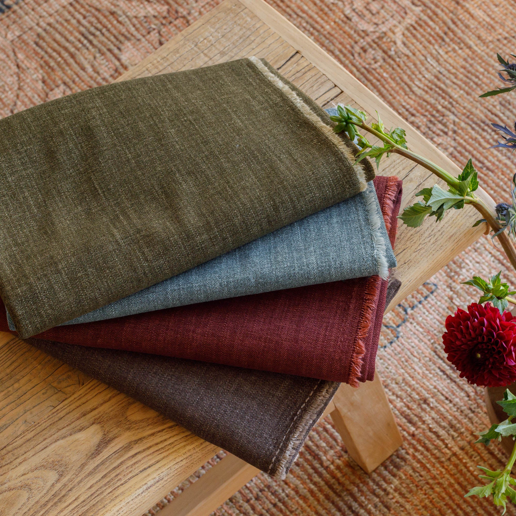 Tonic Living Bedford upholstery fabrics in Merlot, Moss, Denim, and Coffee chenille.