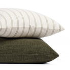 Stacked pillows: Rexton Stripe 22x22 Moss with Bedford 22x22 Moss green pillow by Tonic Living.
