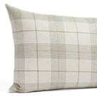 Cabot Plaid, a beige, sage green and light brown bed bolster pillow from Tonic Living: close up view.
