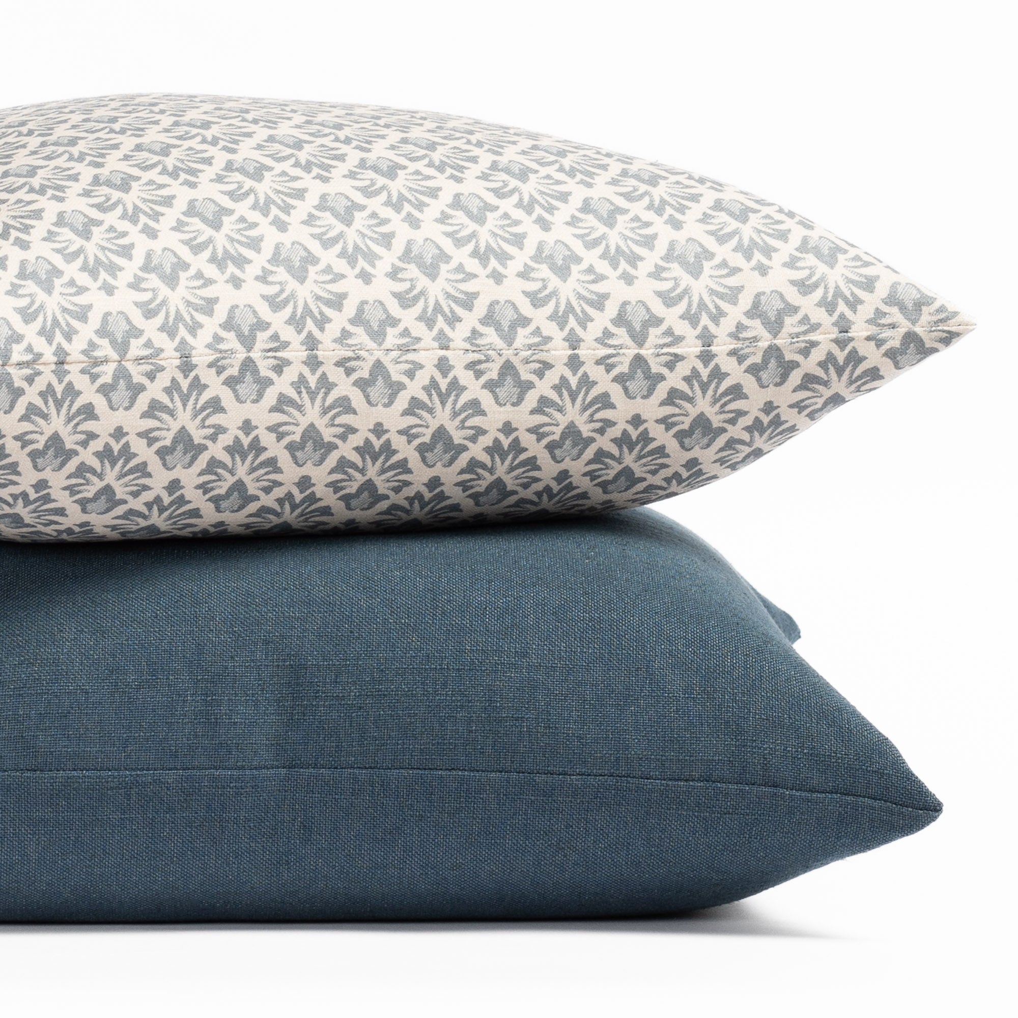 Calli Indigo floral block print and Oxford Indigo throw pillow pairing