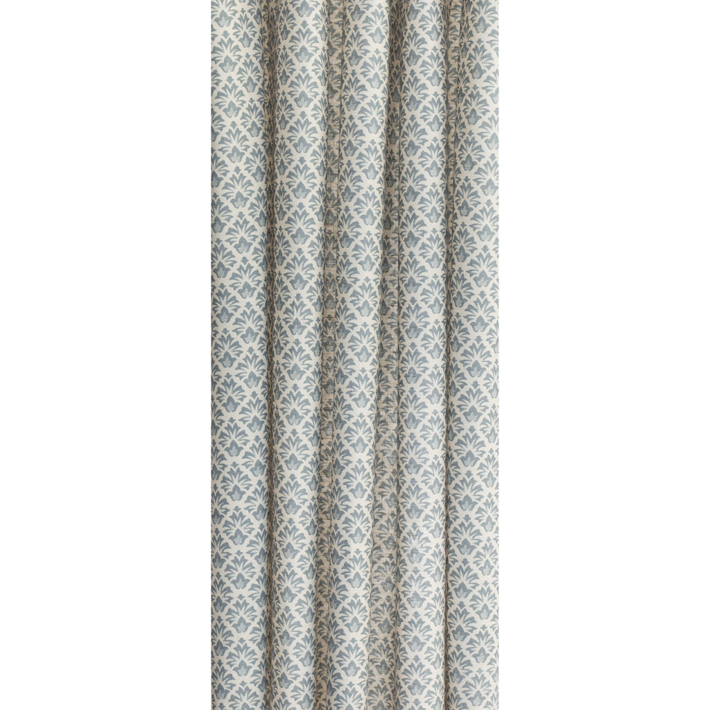 a blue and cream floral block print Tonic Living drapery fabric