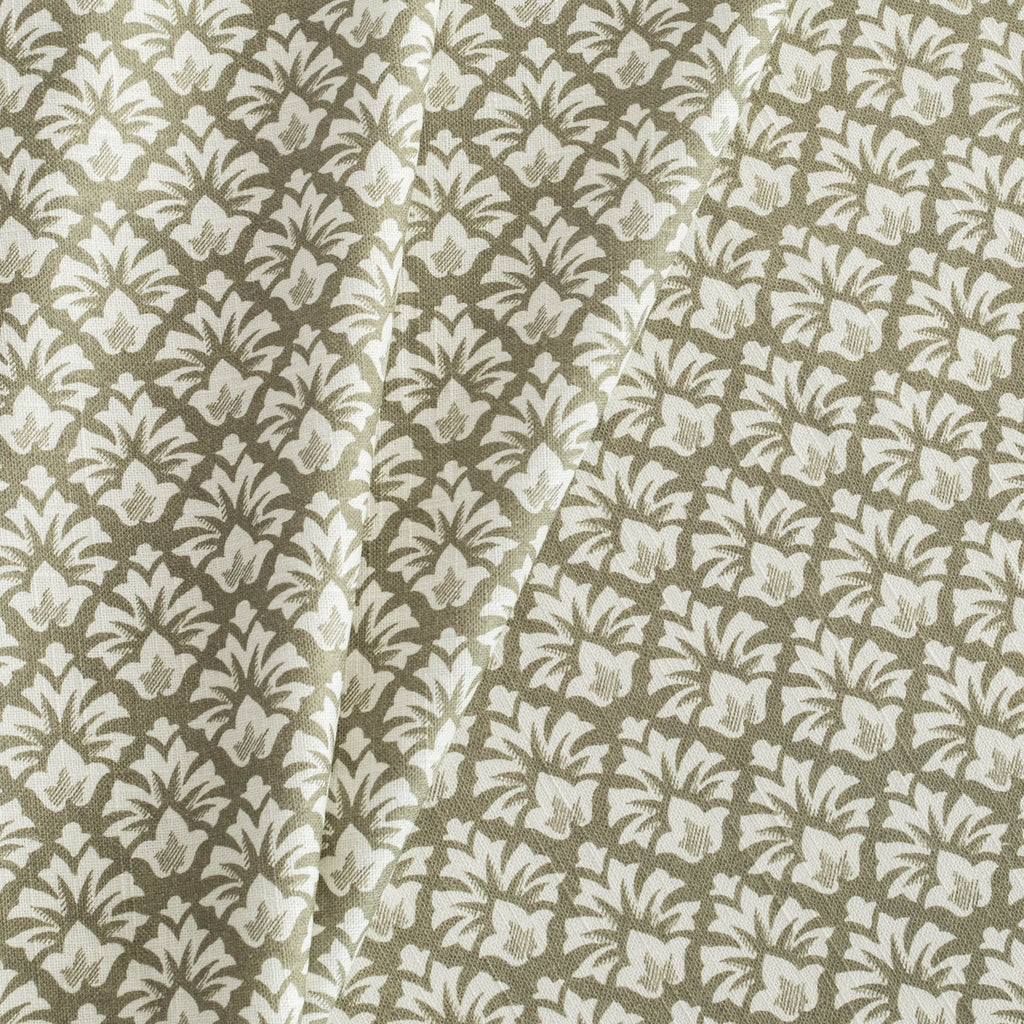 Calli Fabric Moss, a green and cream floral block print drapery fabric from Tonic Living 