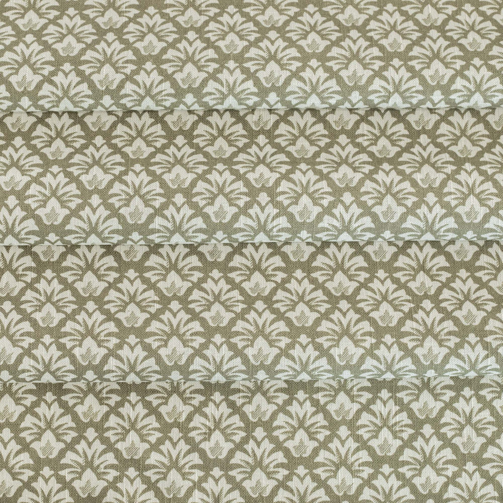 a moss green and cream floral block print home decor fabric