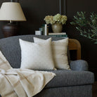 Tonic Living cream patterned throw pillows on a charcoal grey sofa