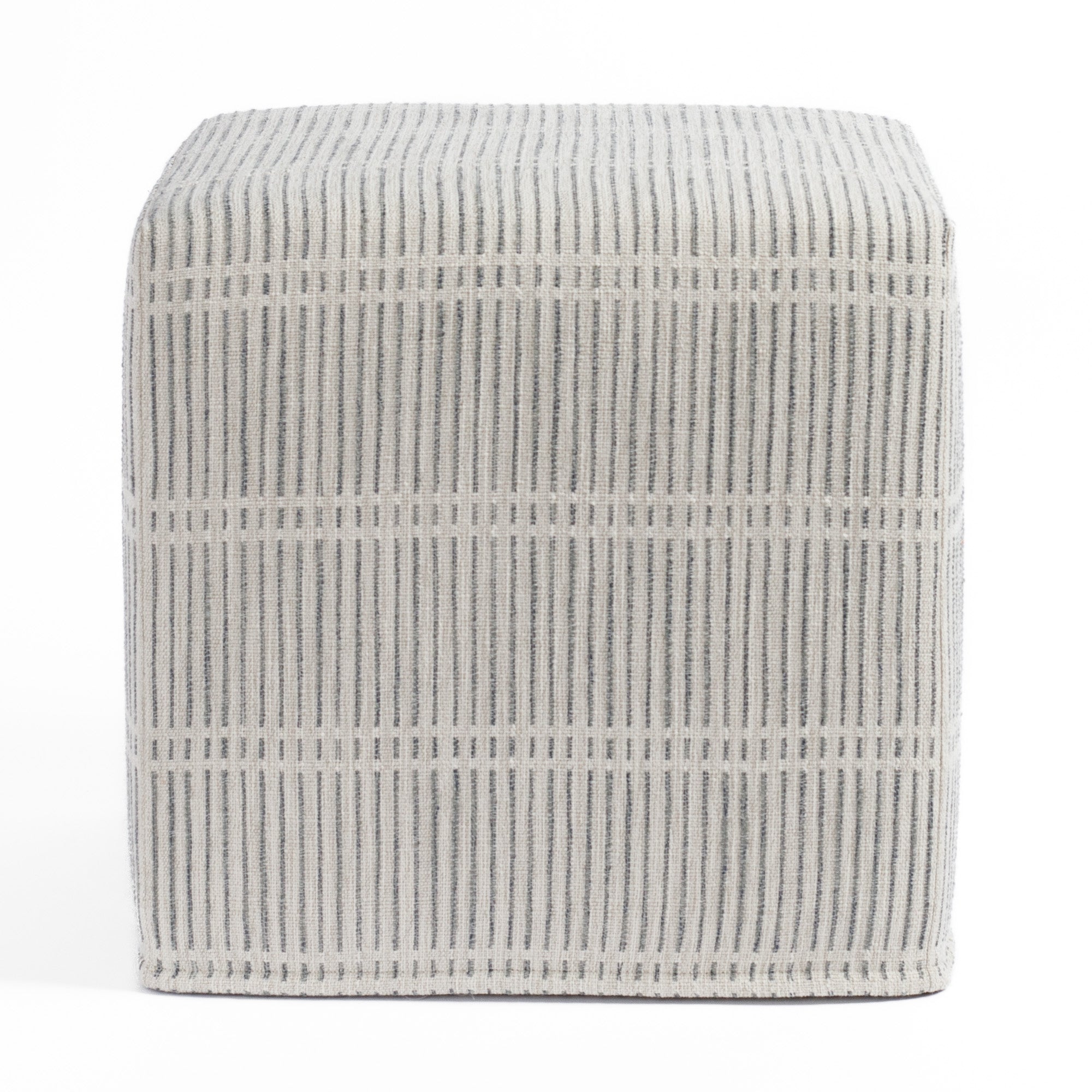 a greige and stone blue dash stripe fabric cube ottoman : front view