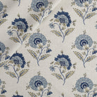 Tonic Living Clara Fabric in Denim, a blue and white floral drapery fabric with block print pattern.